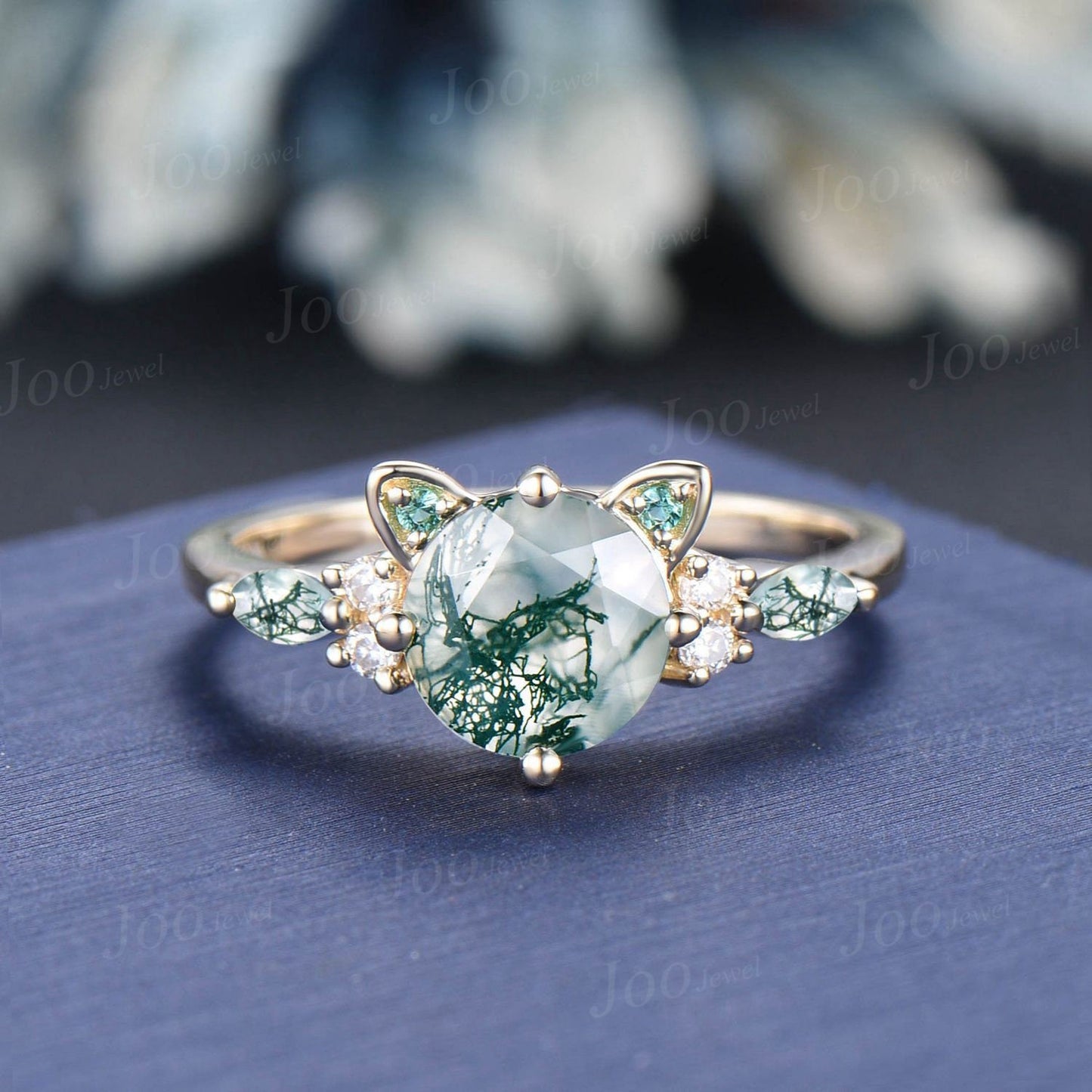 Cat Bridal Ring Set Vintage 1.2ct Round Cut Natural Green Moss Agate Emerald Cat Cut Promise Wedding Ring Peekaboo Kitten Animal Lover Gifts