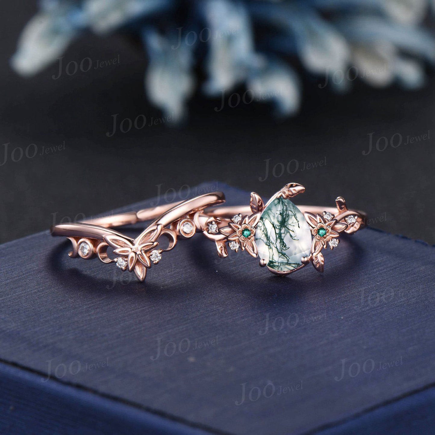 Branch Floral Natural Moss Agate Ring Set Half Moon Diamond Nature Wedding Ring Celtic Pear Aquatic Agate Emerald Engagement Ring for Women