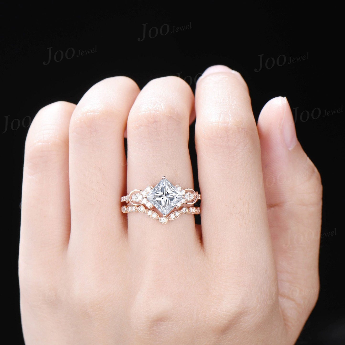 2ct Moissanite Diamond Bridal Set Unique Princess Cut Engagement Ring Set Cluster Half Eternity Band Infinity Love Promise Rings for Women