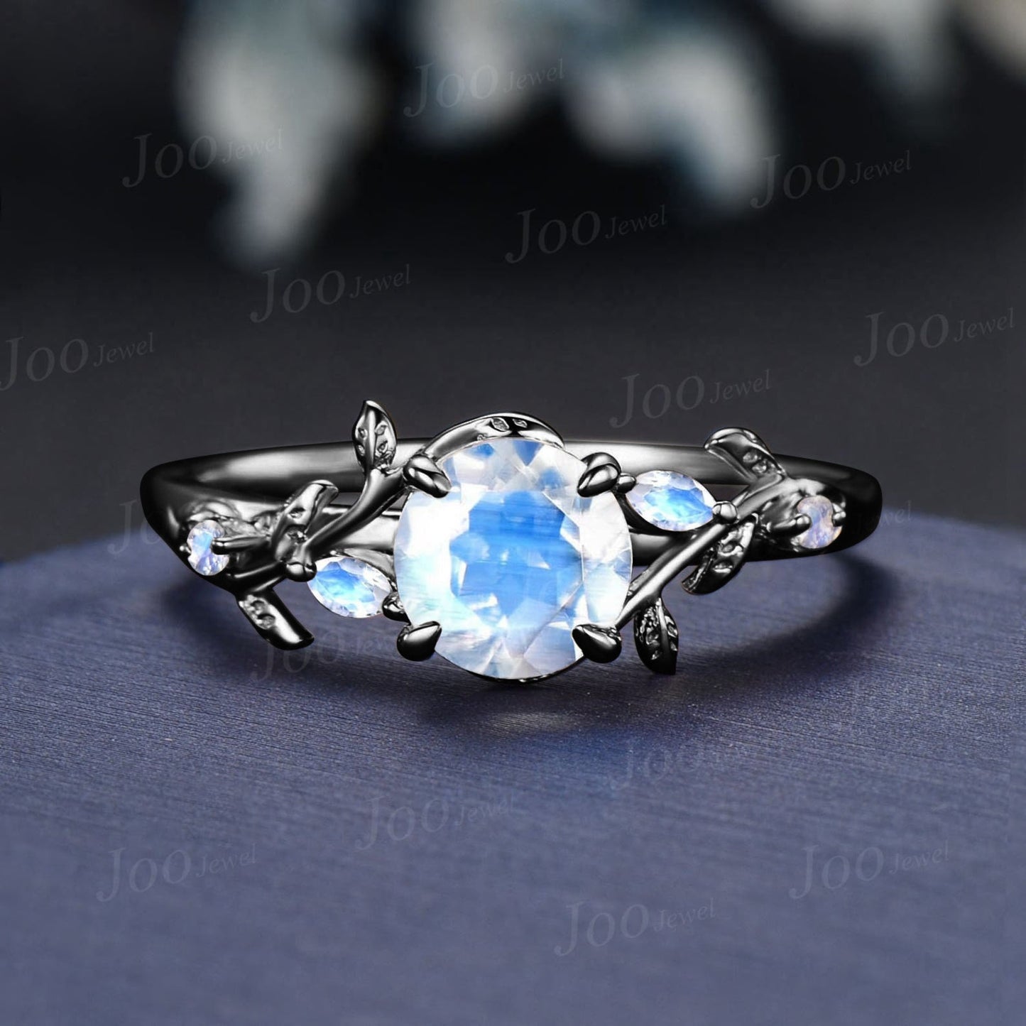 6.5mm Round Natural Moonstone Engagement Ring Silver Nature Inspired Moonstone Wedding Ring Cluster Leaf Twig Vine Ring June Birthstone Gift