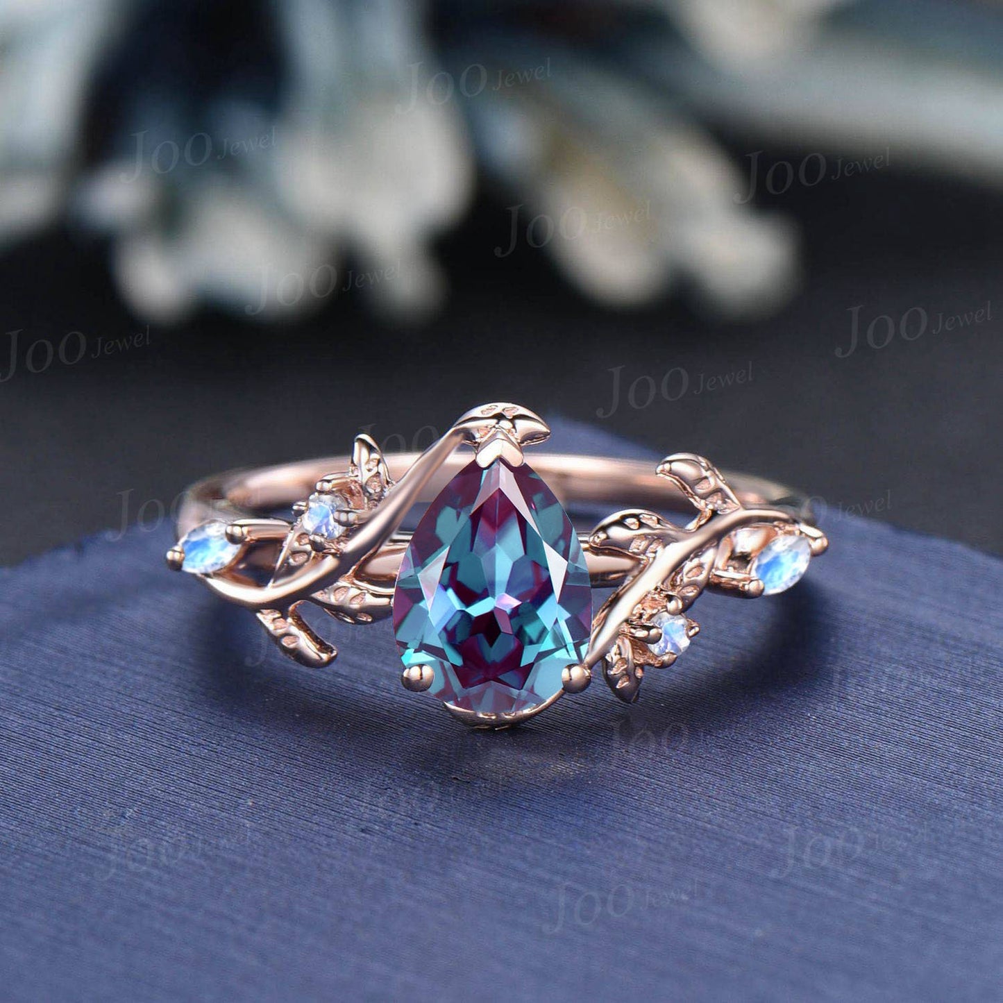 1.25ct Pear Color-Change Alexandrite Moonstone Bridal Set 14K Rose Gold Twig Vine Teardrop Alexandrite Leaf Ring Set June Birthstone Gifts
