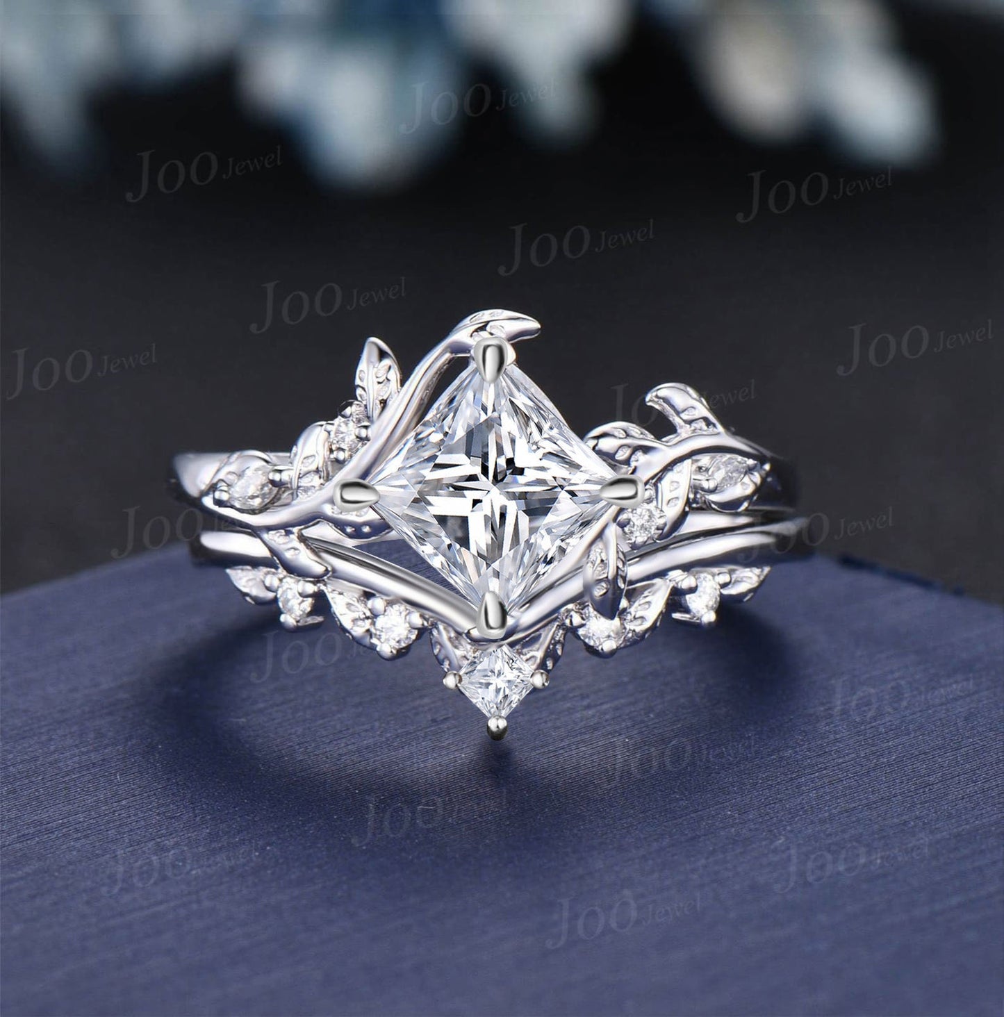 7mm Princess Cut Bridal Ring Set 14K Rose Gold 2CT Princess Cut Moissanite Diamond Engagement Ring Vine Branch Leaf Wedding Ring for Women