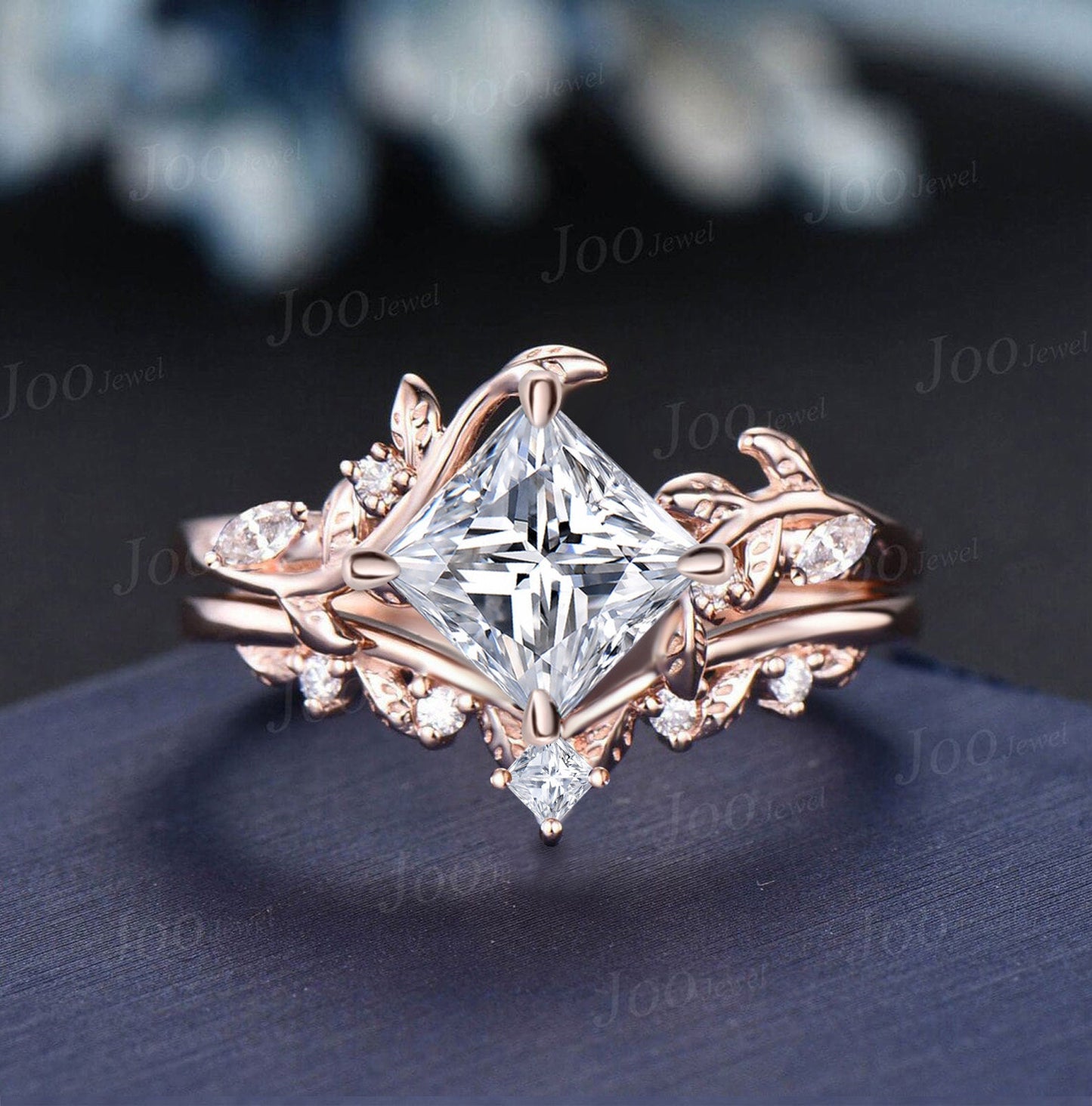 7mm Princess Cut Bridal Ring Set 14K Rose Gold 2CT Princess Cut Moissanite Diamond Engagement Ring Vine Branch Leaf Wedding Ring for Women