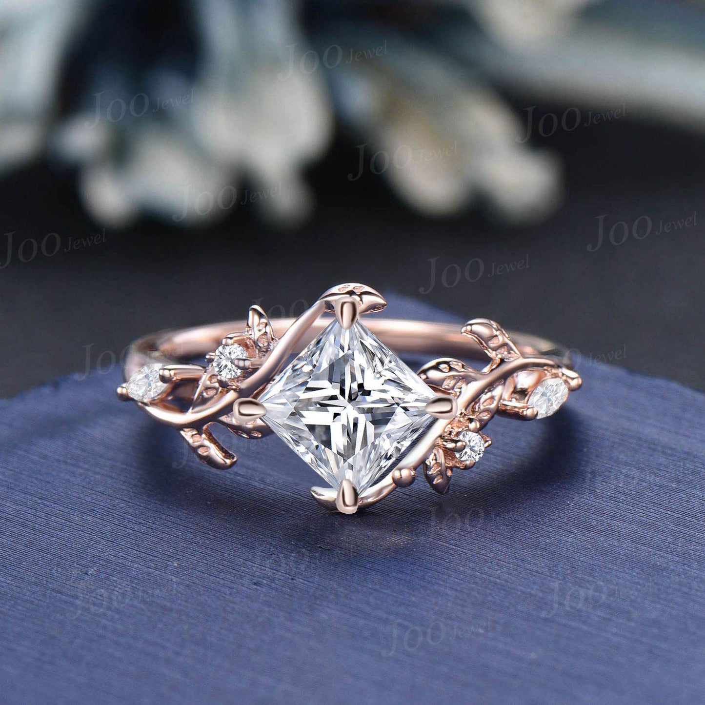 7mm Princess Cut Bridal Ring Set 14K Rose Gold 2CT Princess Cut Moissanite Diamond Engagement Ring Vine Branch Leaf Wedding Ring for Women
