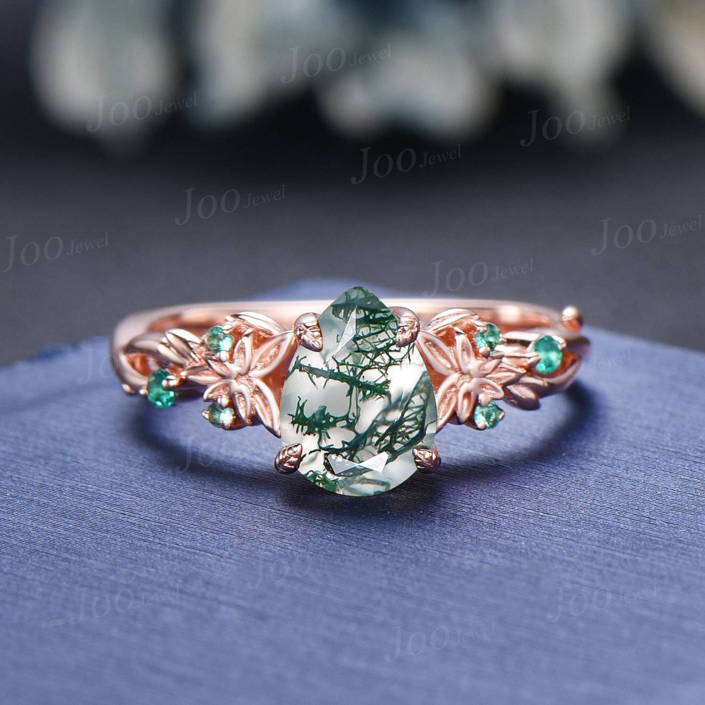 Twig Vine Natural Pear Moss Agate Ring Set Trinity Knot Green Emerald Wedding Ring Branch Aquatic Agate Alexandrite Engagement Rings Women