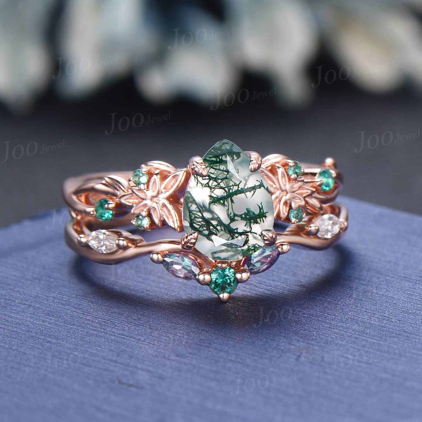 Twig Vine Natural Pear Moss Agate Ring Set Trinity Knot Green Emerald Wedding Ring Branch Aquatic Agate Alexandrite Engagement Rings Women