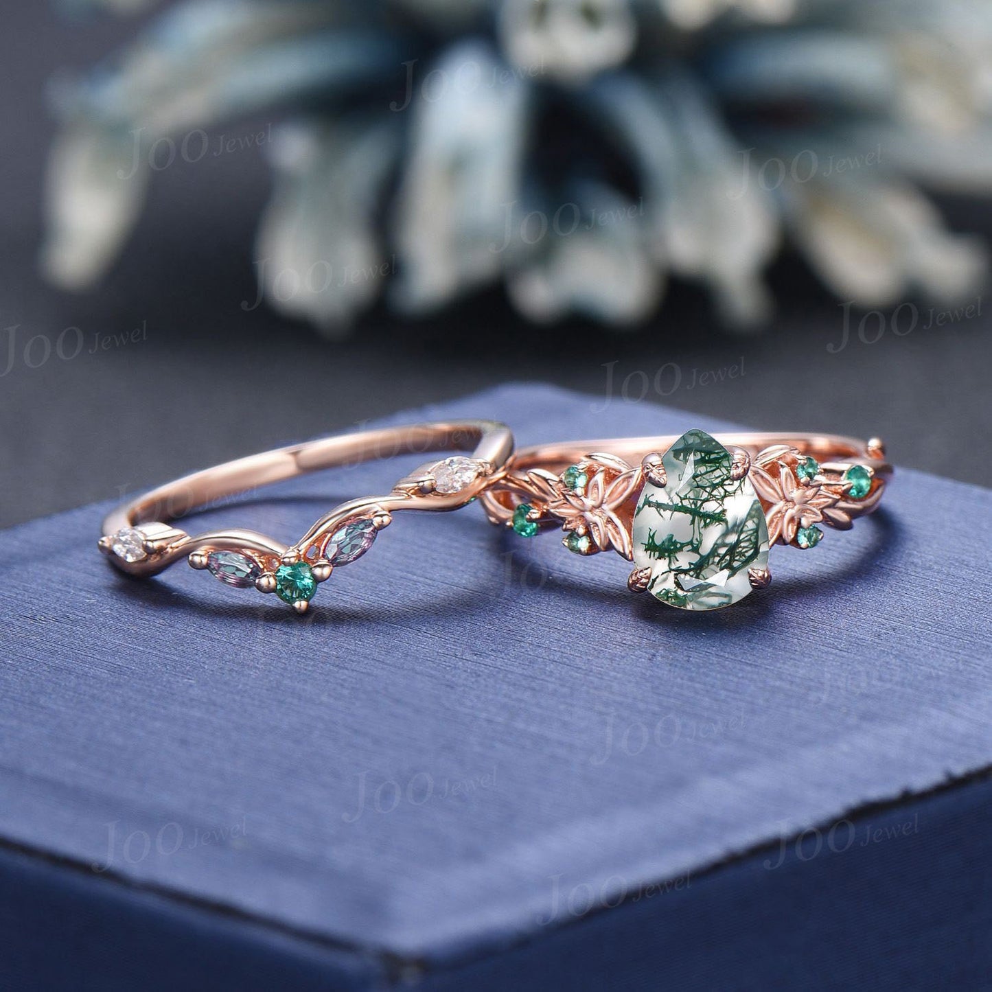Twig Vine Natural Pear Moss Agate Ring Set Trinity Knot Green Emerald Wedding Ring Branch Aquatic Agate Alexandrite Engagement Rings Women