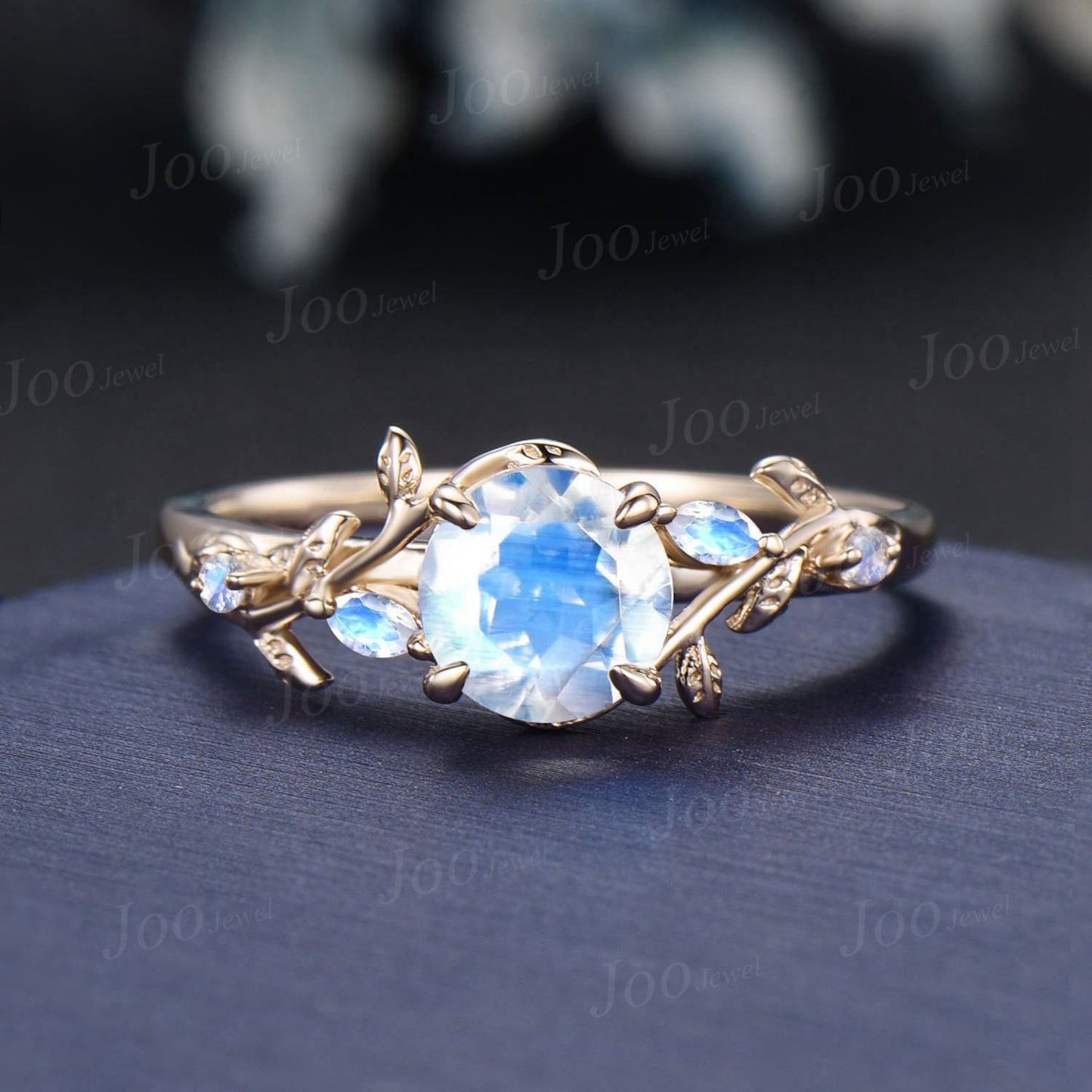 6.5mm Round Natural Moonstone Engagement Ring Silver Nature Inspired Moonstone Wedding Ring Cluster Leaf Twig Vine Ring June Birthstone Gift