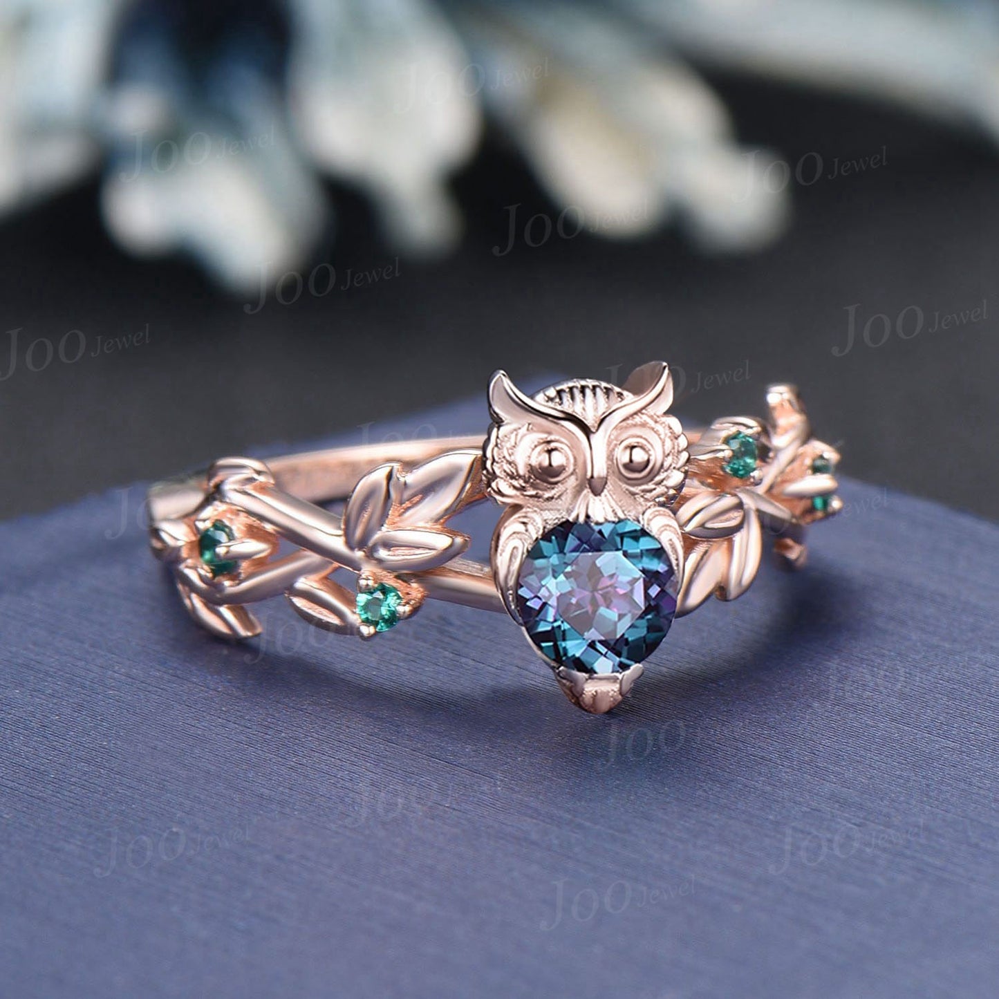 Owl Engagement Ring 14K Rose Gold Art Deco Leaf Twig Vine Alexandrite Emerald Wedding Ring Unique Antique Bridal Ring Cute Anniversary Gifts