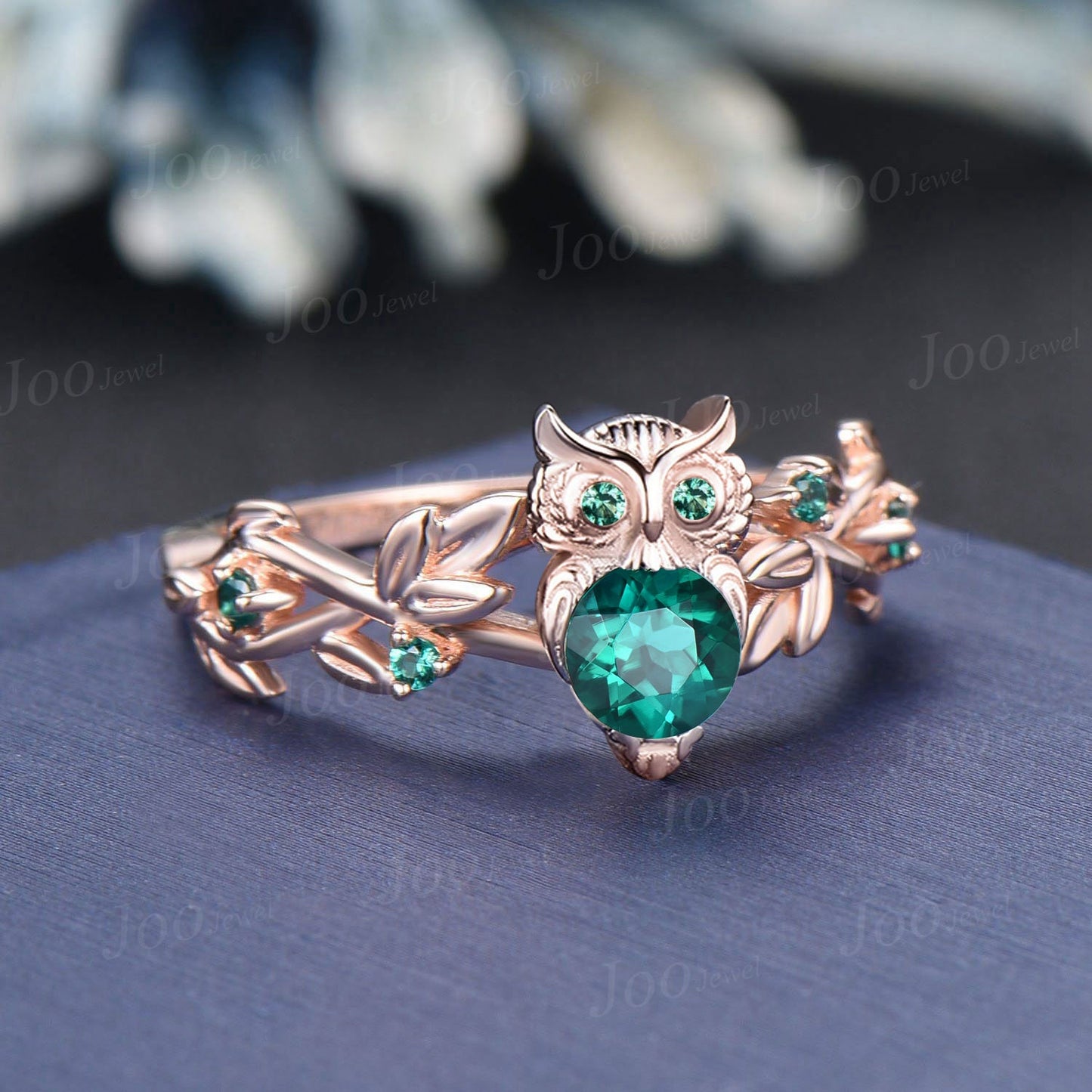 Round Green Emerald Engagement Ring Twig Ring Forest Branch Owl Engagement Ring Fairy May Birthstone Wedding Ring Cute Owl Lover Gifts Women