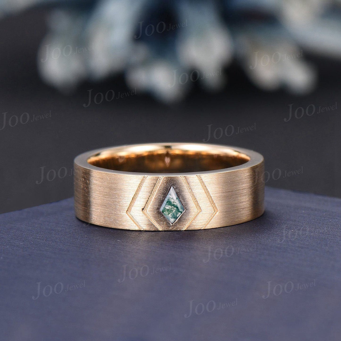 6mm Mens Kite Cut Moss Agate Wedding Band 14K Yellow Gold Men Engagement Ring Matte Ring Band Men Male Solitaire Band Promise Ring