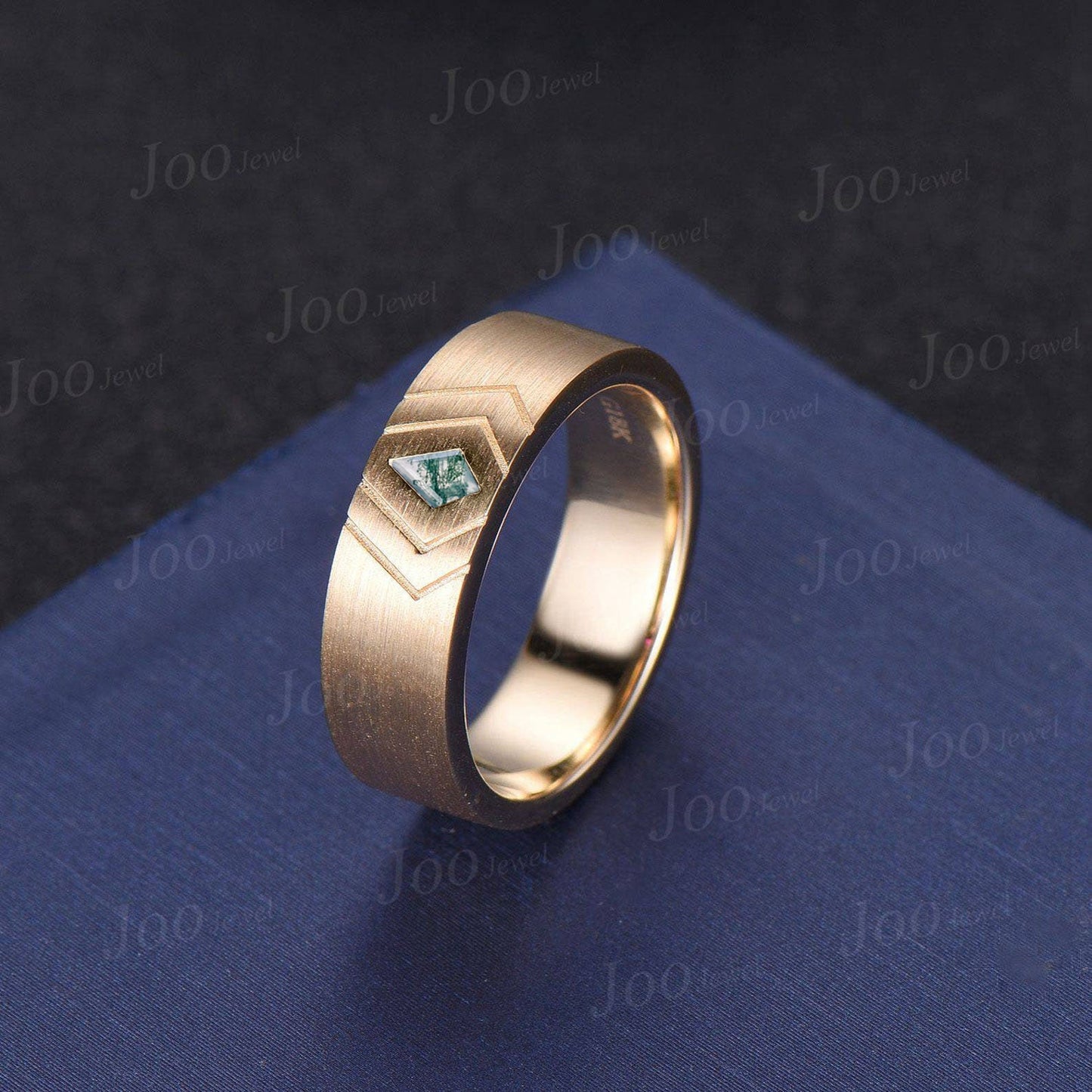 6mm Mens Kite Cut Moss Agate Wedding Band 14K Yellow Gold Men Engagement Ring Matte Ring Band Men Male Solitaire Band Promise Ring