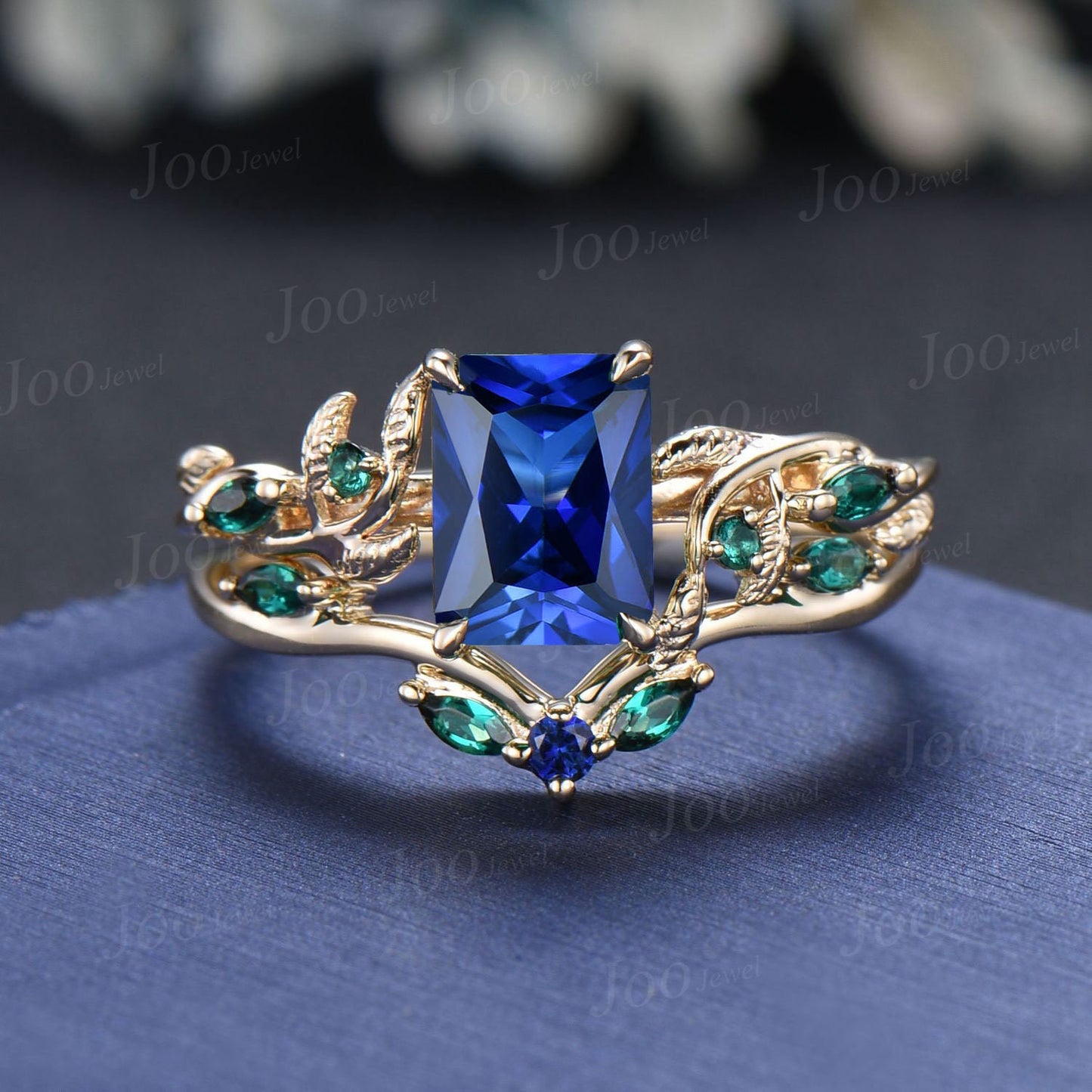 2ct Radiant Cut Blue Sapphire Bridal Ring Twig Vine Emerald Cut Blue Sapphire Emerald Promise Ring Vintage Noble Wedding Gifts for Fianc¨¦e