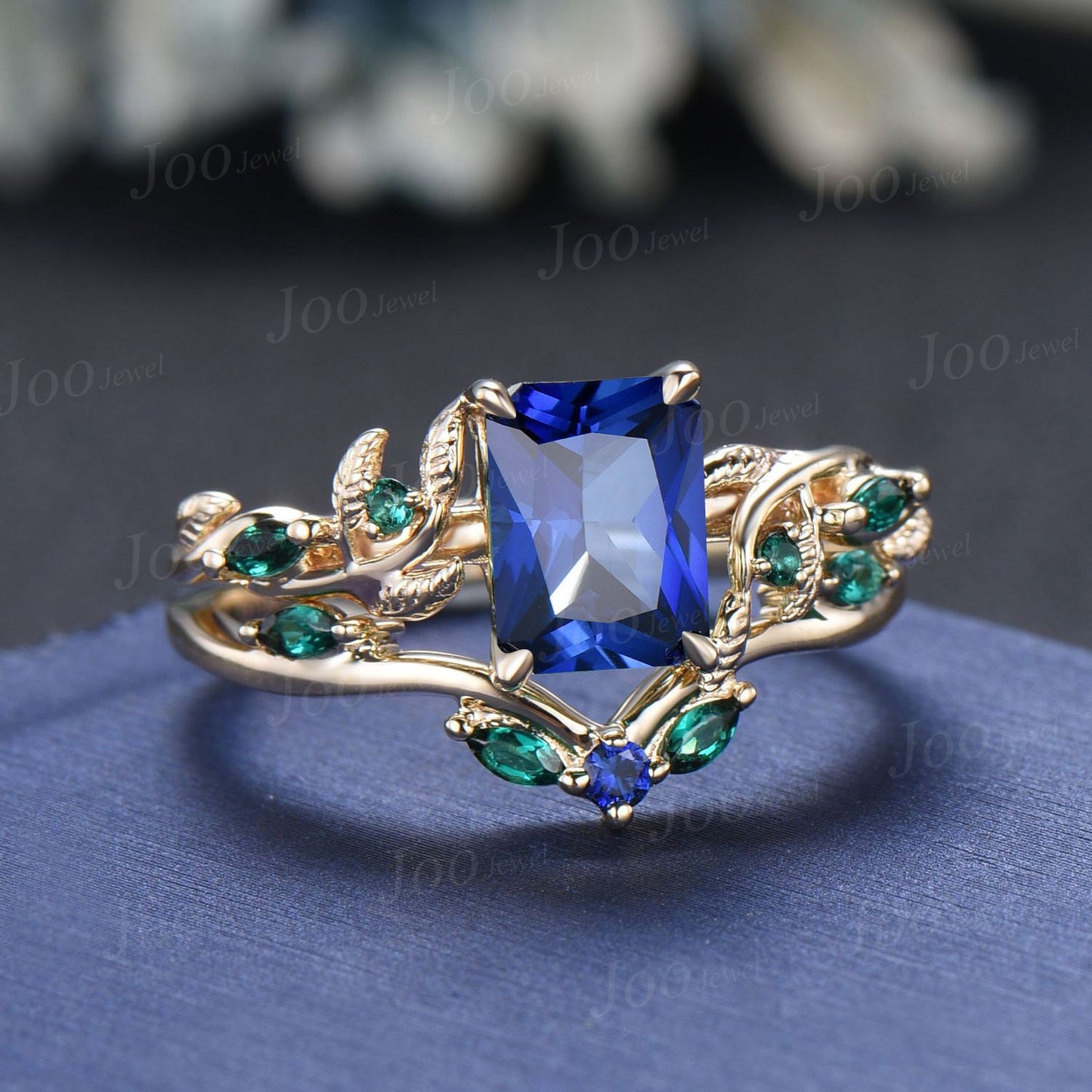 2ct Radiant Cut Blue Sapphire Bridal Ring Twig Vine Emerald Cut Blue Sapphire Emerald Promise Ring Vintage Noble Wedding Gifts for Fianc¨¦e