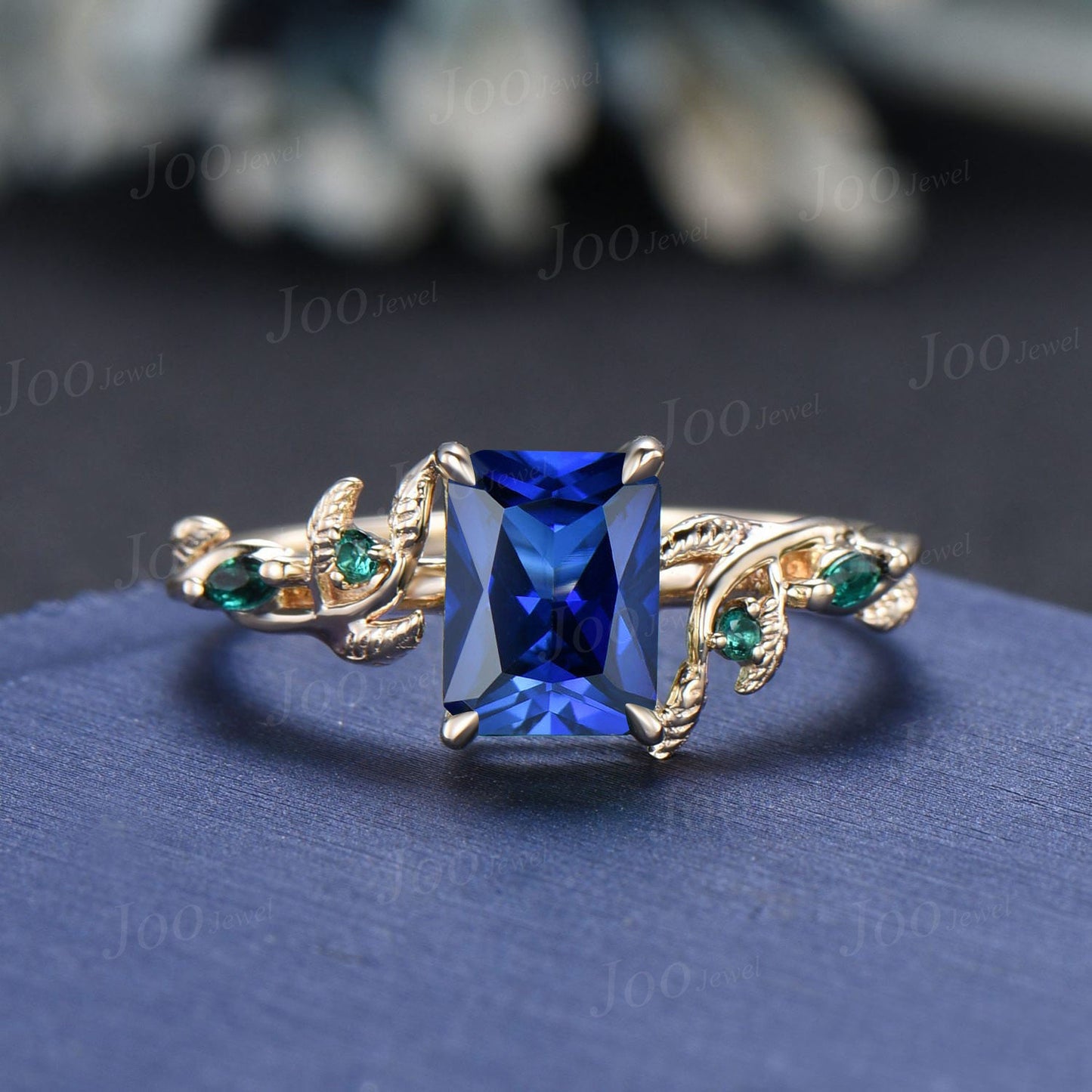 2ct Radiant Cut Blue Sapphire Bridal Ring Twig Vine Emerald Cut Blue Sapphire Emerald Promise Ring Vintage Noble Wedding Gifts for Fianc¨¦e