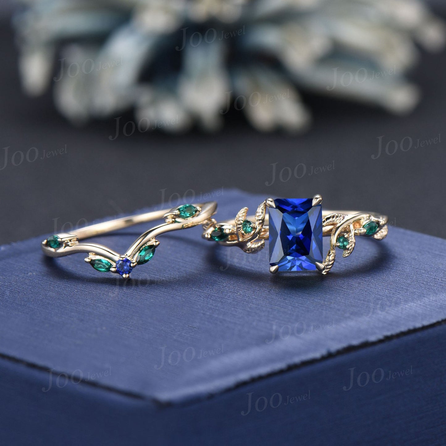 2ct Radiant Cut Blue Sapphire Bridal Ring Twig Vine Emerald Cut Blue Sapphire Emerald Promise Ring Vintage Noble Wedding Gifts for Fianc¨¦e