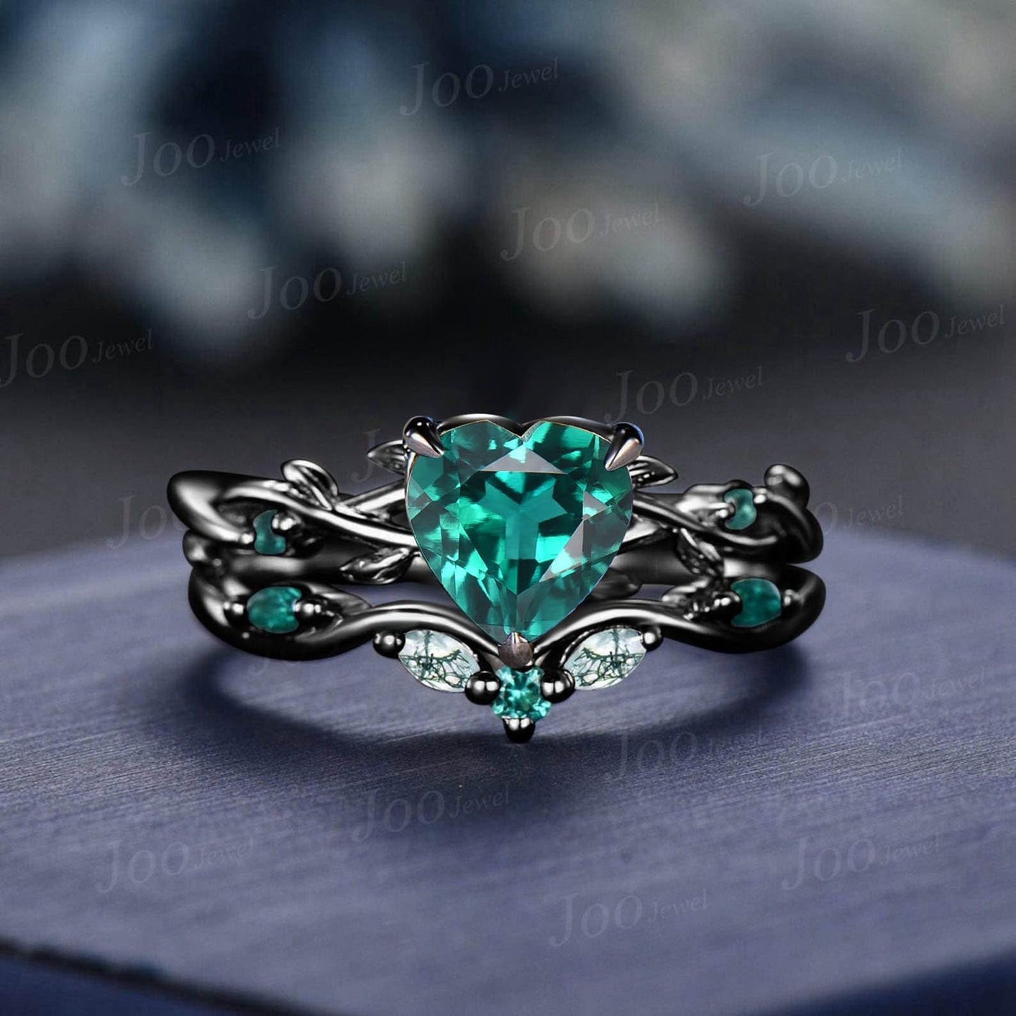 14K Black Gold Twig Vine Heart Cut Green Emerald Engagement Ring Set Moss Agate Wedding Ring Set Goth Black Promise Ring Women Jewelry Gifts