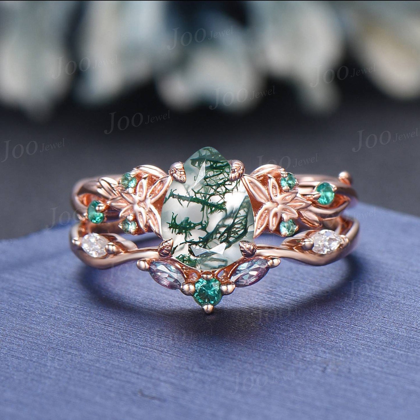 Twig Vine Natural Pear Moss Agate Ring Set Trinity Knot Green Emerald Wedding Ring Branch Aquatic Agate Alexandrite Engagement Rings Women