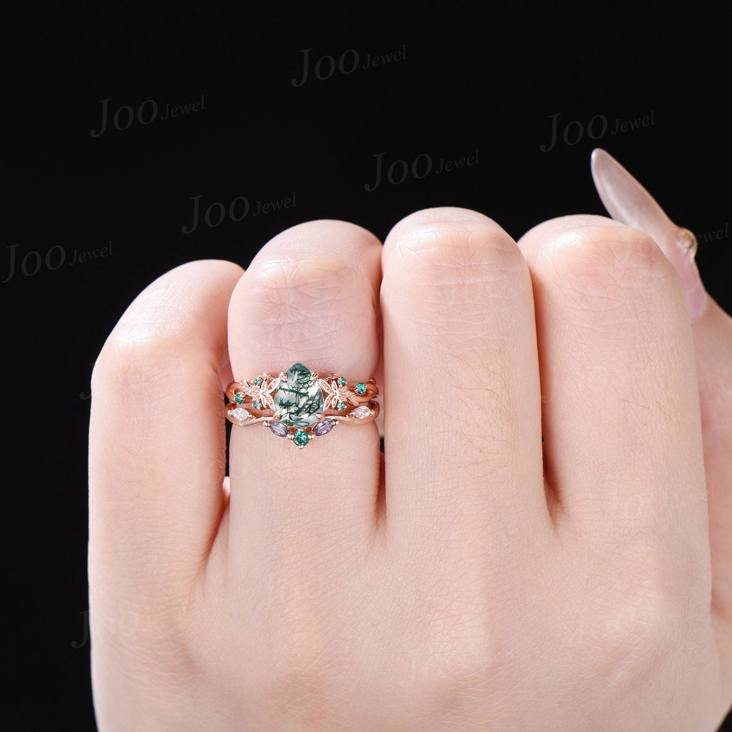 Twig Vine Natural Pear Moss Agate Ring Set Trinity Knot Green Emerald Wedding Ring Branch Aquatic Agate Alexandrite Engagement Rings Women