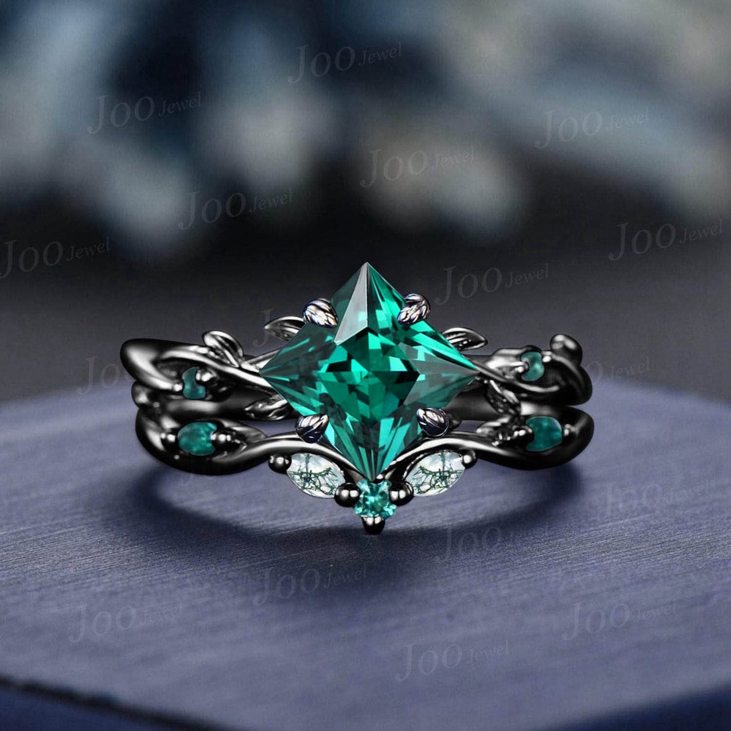 14K Black Gold Twig Vine Heart Cut Green Emerald Engagement Ring Set Moss Agate Wedding Ring Set Goth Black Promise Ring Women Jewelry Gifts