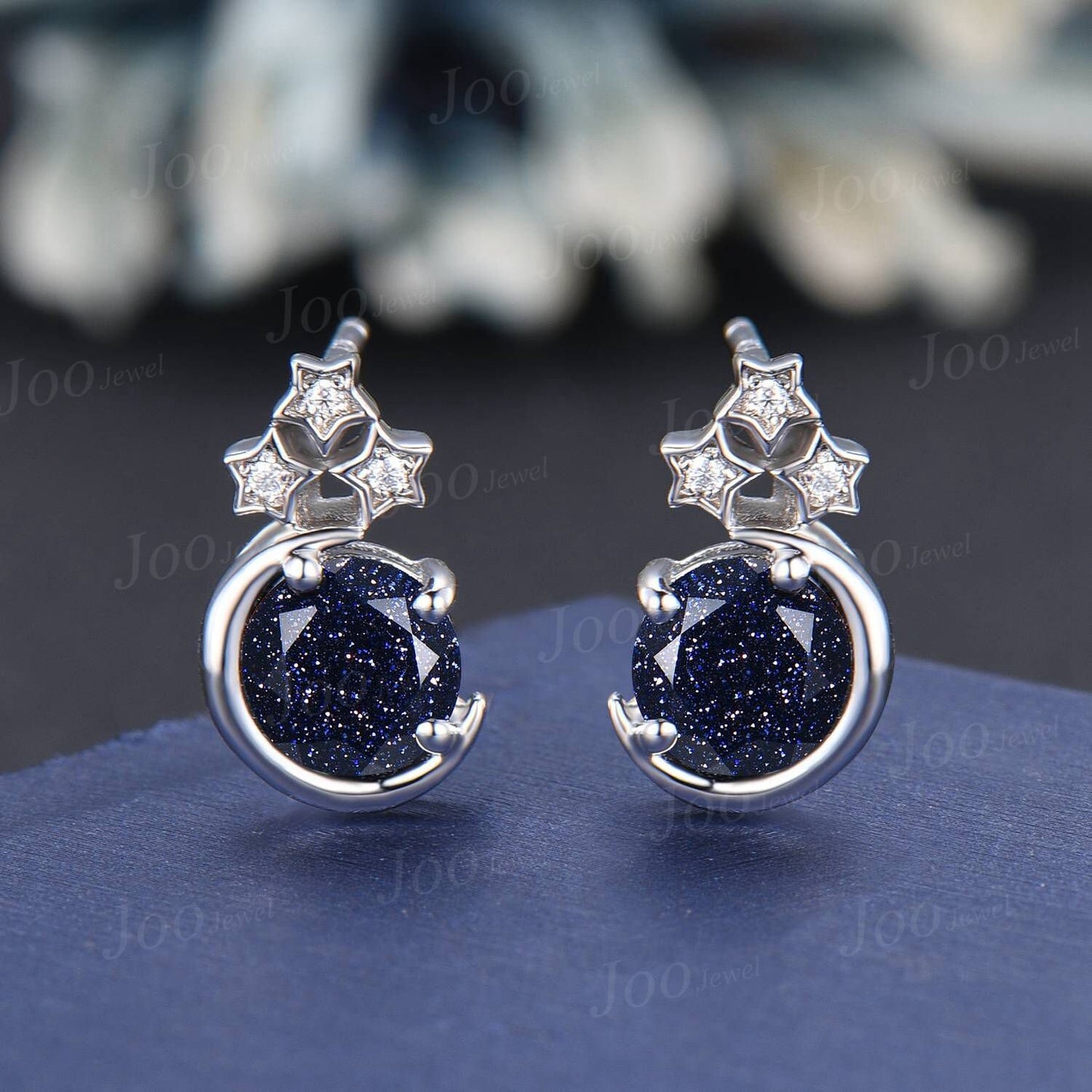 Sterling Silver Moon Star Stud Earrings Round Galaxy Blue Sandstone Earrings Vintage Blue Gemstone Earrings Unique Anniversary/Birthday Gift