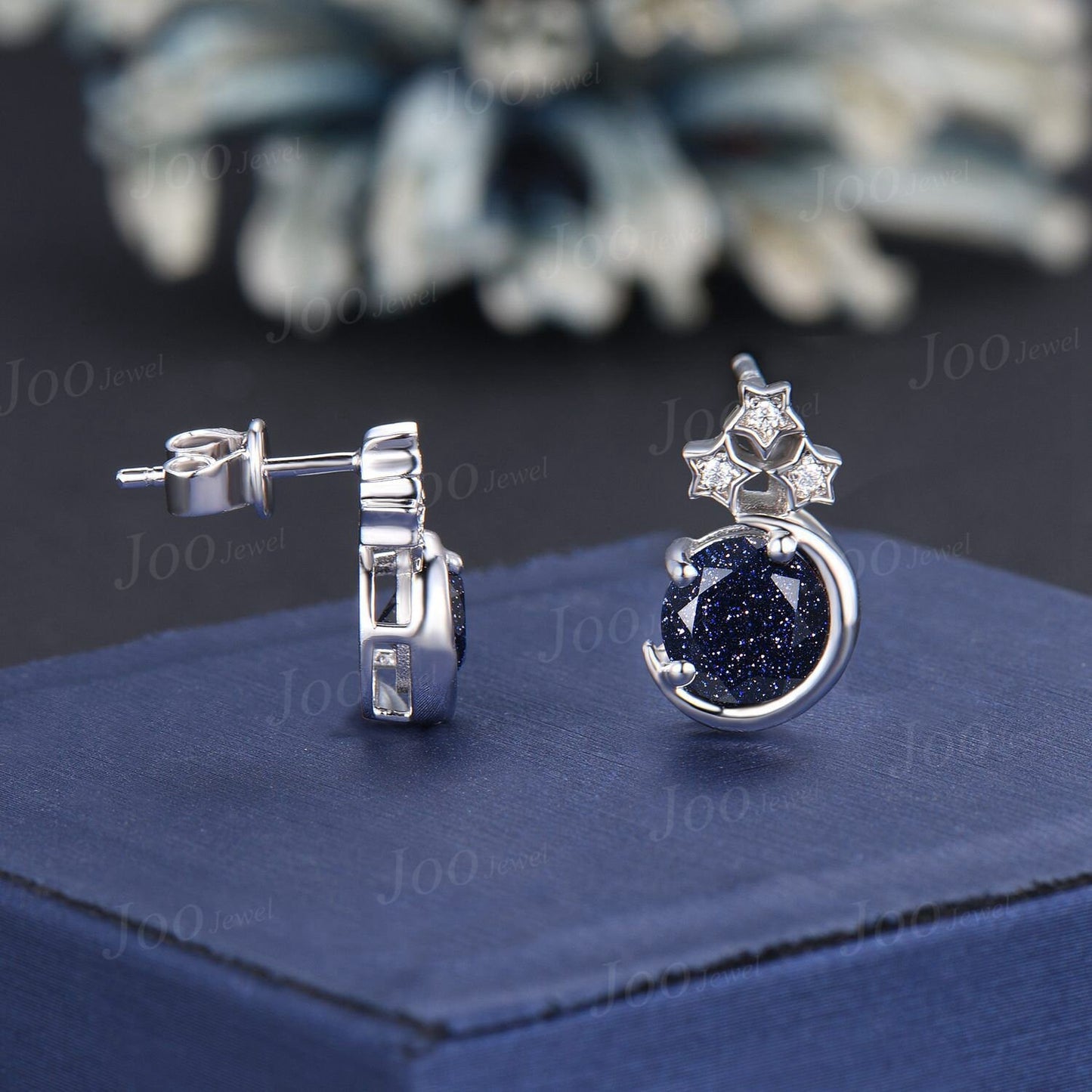Sterling Silver Moon Star Stud Earrings Round Galaxy Blue Sandstone Earrings Vintage Blue Gemstone Earrings Unique Anniversary/Birthday Gift