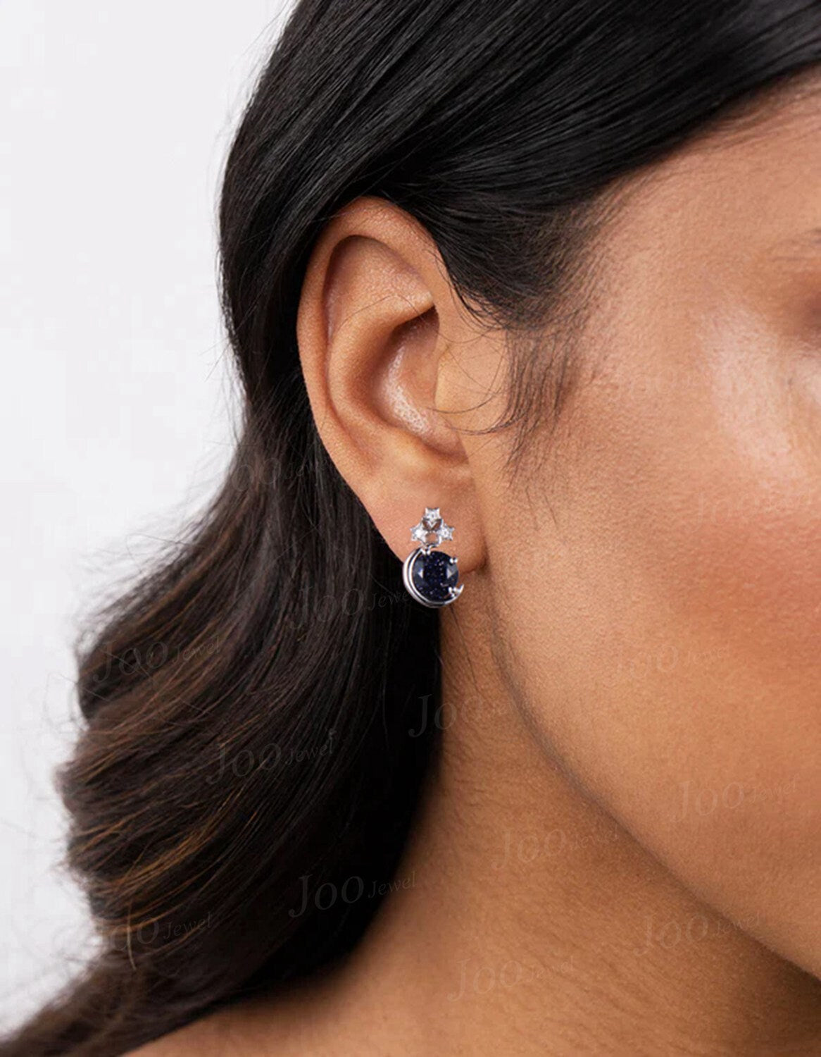 Sterling Silver Moon Star Stud Earrings Round Galaxy Blue Sandstone Earrings Vintage Blue Gemstone Earrings Unique Anniversary/Birthday Gift