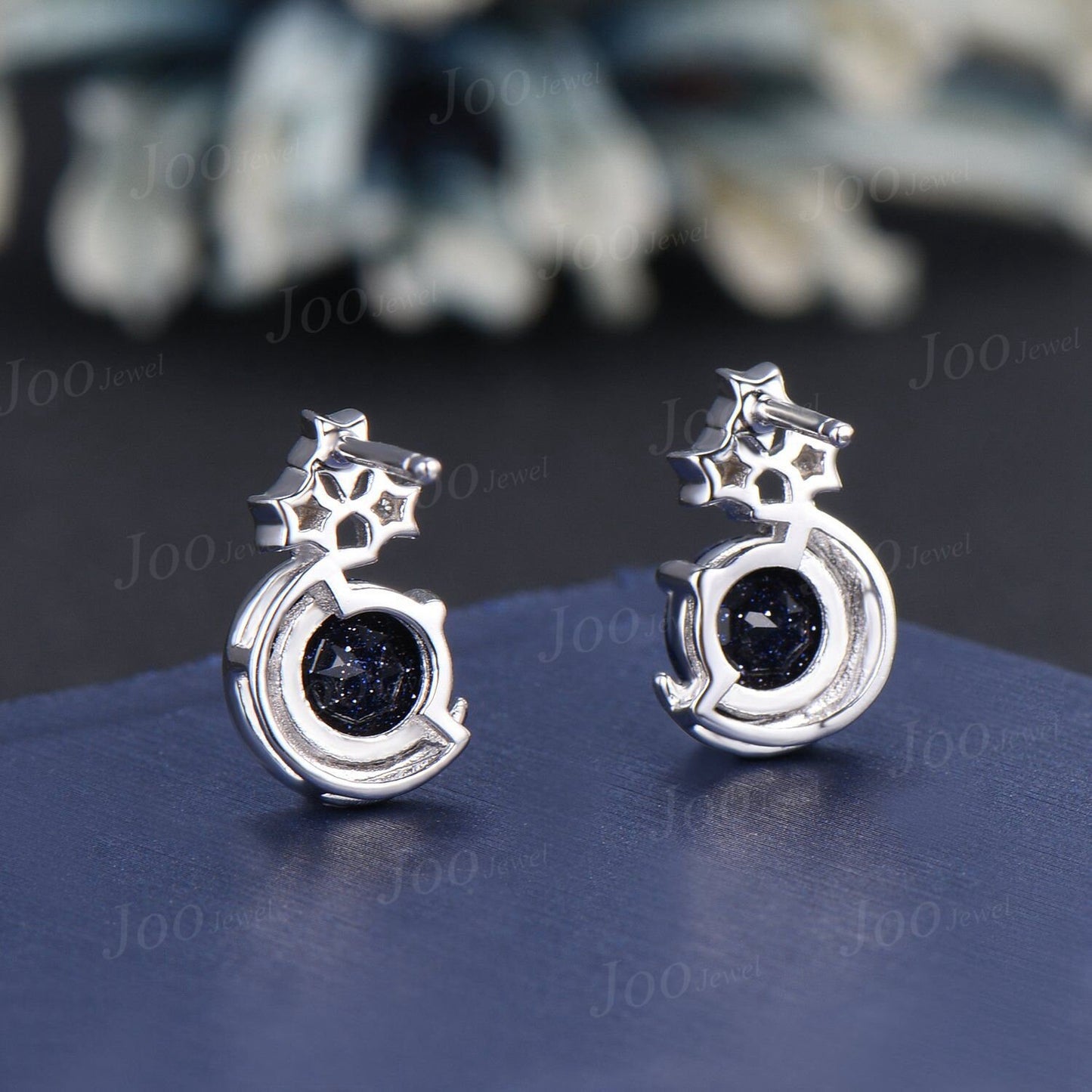 Sterling Silver Moon Star Stud Earrings Round Galaxy Blue Sandstone Earrings Vintage Blue Gemstone Earrings Unique Anniversary/Birthday Gift