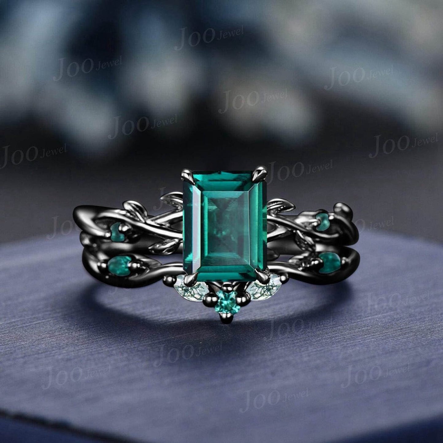 2ct Twig Vine Emerald Cut Emerald Moss Agate Wedding Ring Set Silver Green Emerald Engagement Ring Set Vintage May Birthstone Gift For Women