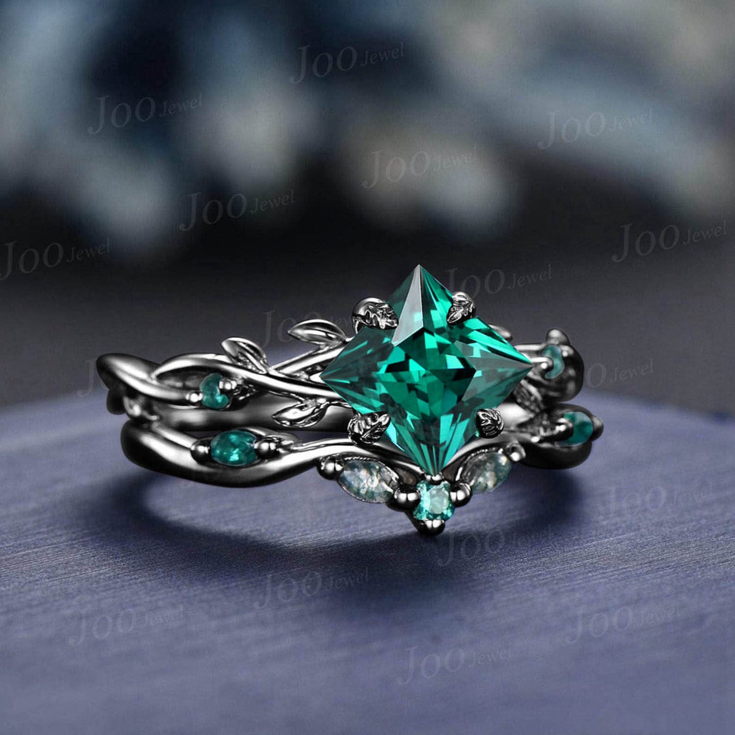 Twig Vine Green Emerald Bridal Set Antique 10K Black Gold Wedding Ring 2 carat Princess Cut Engagement Ring Set Unique May Birthstone Gifts