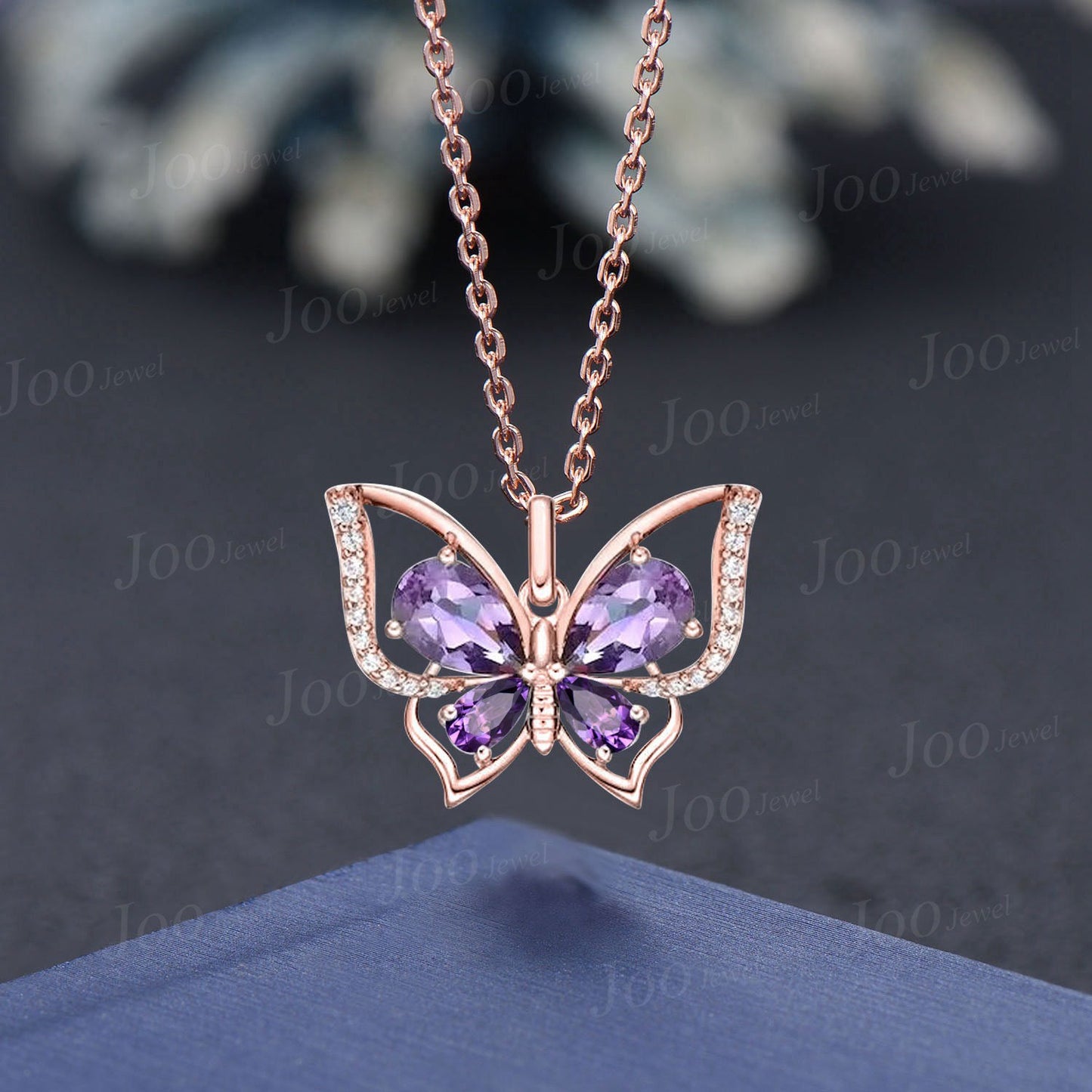Teardrop Real Amethyst Butterfly Necklace Vintage 14K Rose Gold Vintage Purple Crystal Pendant Unique February Birthstone Gifts For Daughter