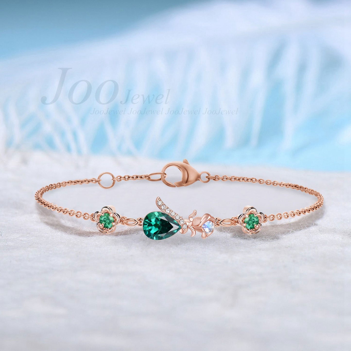 Sterling Silver Floral Flower Bracelet Teardrop Cut Emerald Moonstone Chain Bracelet Dainty Green Gemstone Charm Bracelet for Wedding Bridal