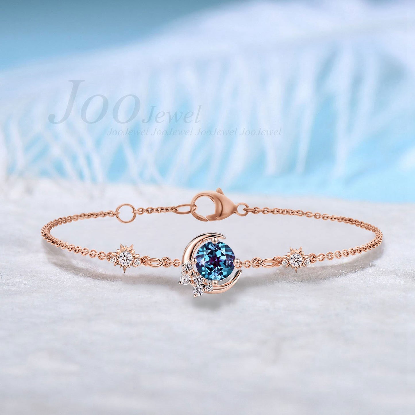 Sterling Silver Moon Bracelet 5mm Round Cut Color-Change Alexandrite Charm Bracelets Starburst Sun Amethyst Adjustable Chain Bracelet Women