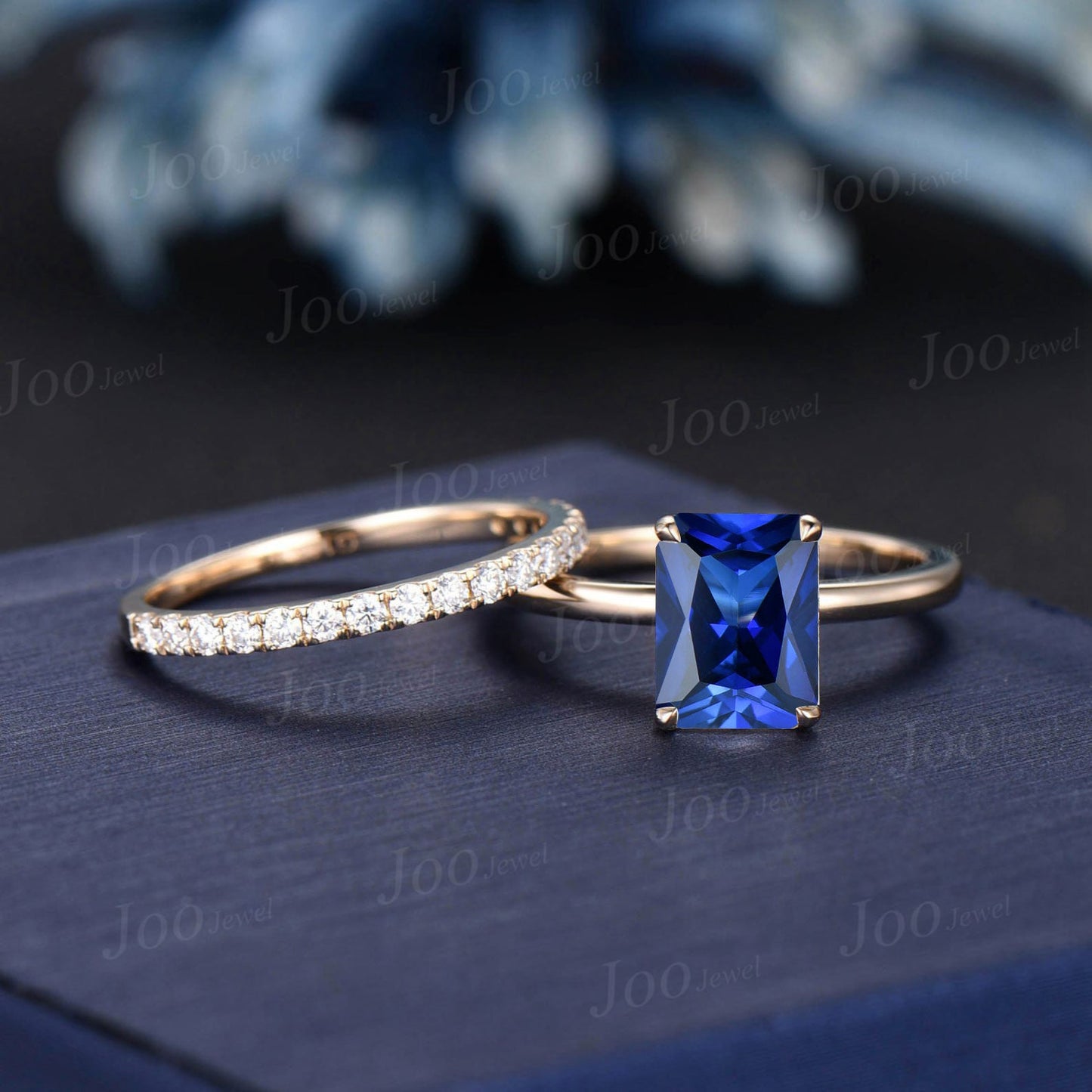 2ct Radiant Cut Blue Sapphire Engagement Ring Set 10k Solid Gold Blue Sapphire Solitaire Wedding Bridal Ring Hidden Halo Ring Promise Gifts