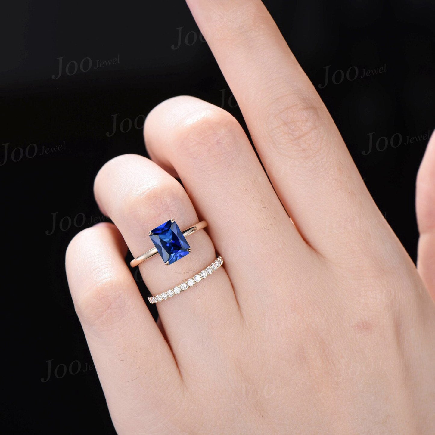 2ct Radiant Cut Blue Sapphire Engagement Ring Set 10k Solid Gold Blue Sapphire Solitaire Wedding Bridal Ring Hidden Halo Ring Promise Gifts