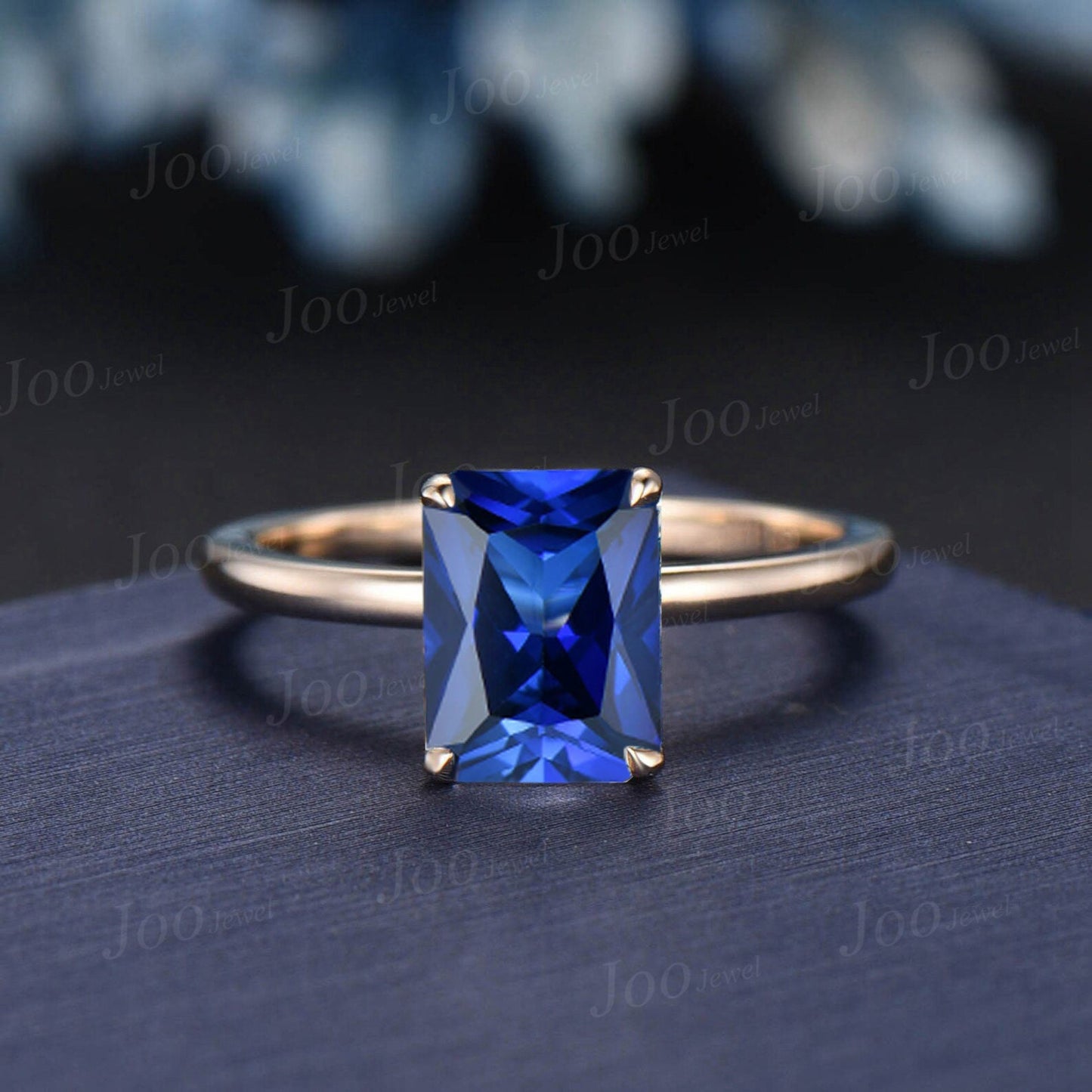 2ct Radiant Cut Blue Sapphire Engagement Ring Set 10k Solid Gold Blue Sapphire Solitaire Wedding Bridal Ring Hidden Halo Ring Promise Gifts