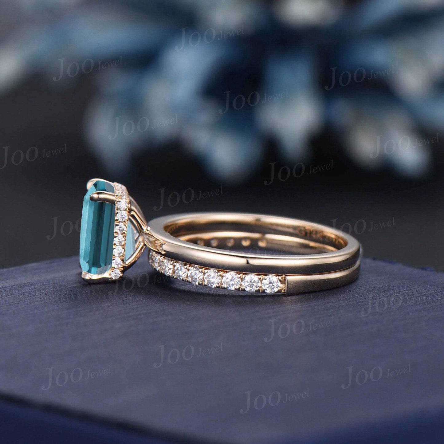 2ct Emerald Cut Paraíba Tourmaline Engagement Ring Set 10K Yellow Gold Vintage Unique Hidden Halo Wedding Ring Half Eternity Proposal Rings