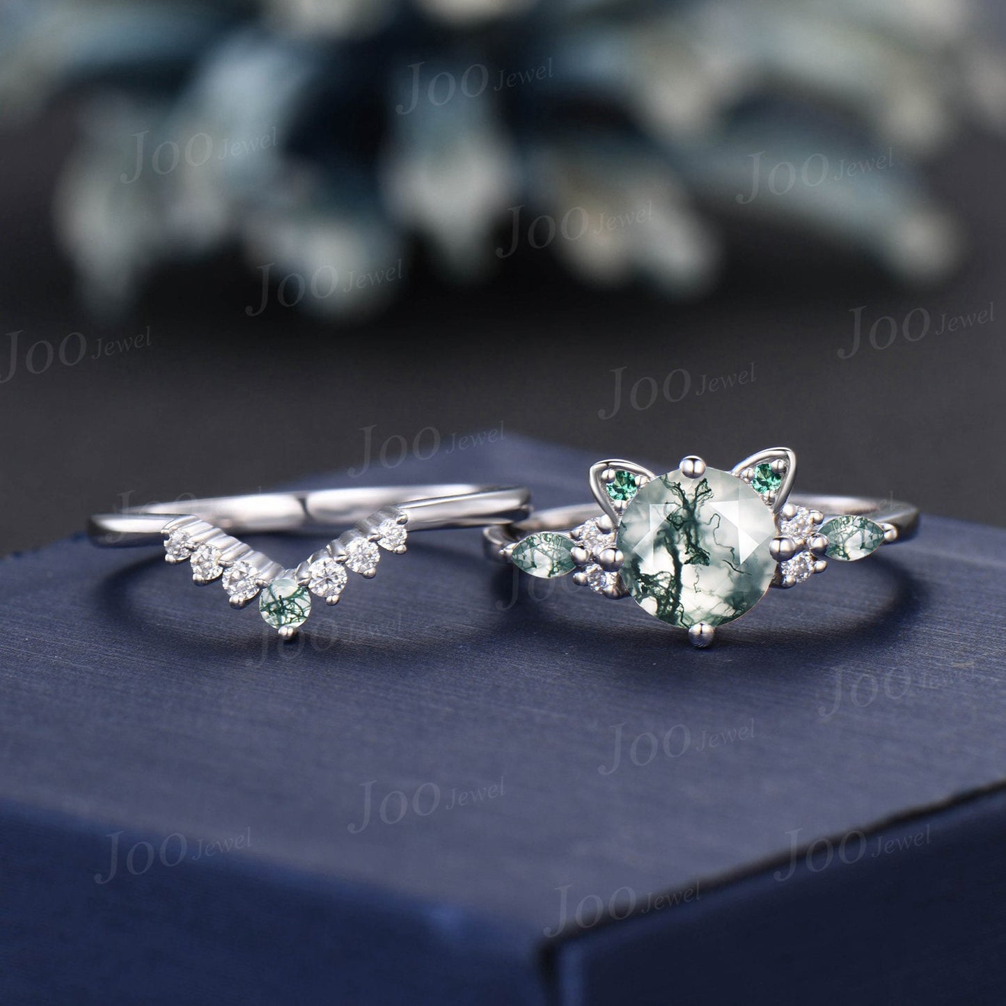 Cat Bridal Ring Set Vintage 1.2ct Round Cut Natural Green Moss Agate Emerald Cat Cut Promise Wedding Ring Peekaboo Kitten Animal Lover Gifts