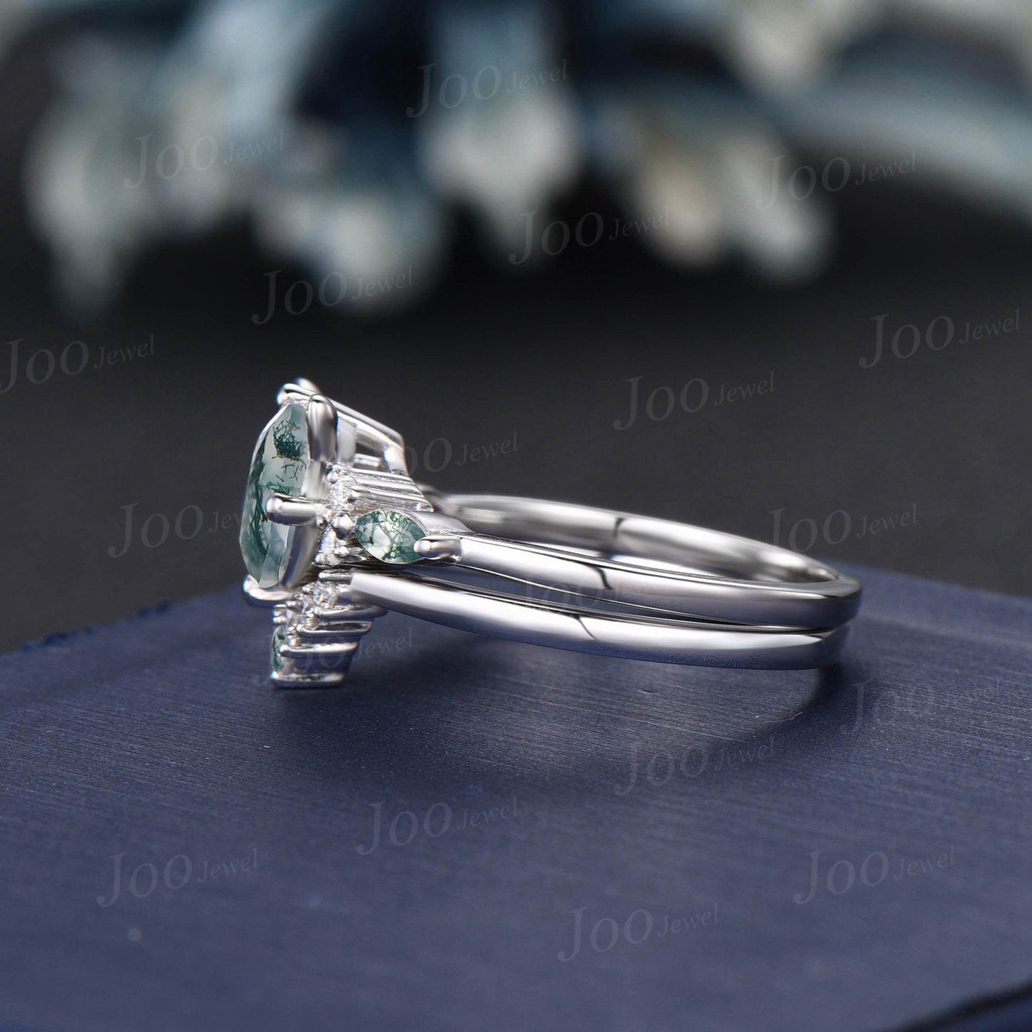 Cat Bridal Ring Set Vintage 1.2ct Round Cut Natural Green Moss Agate Emerald Cat Cut Promise Wedding Ring Peekaboo Kitten Animal Lover Gifts