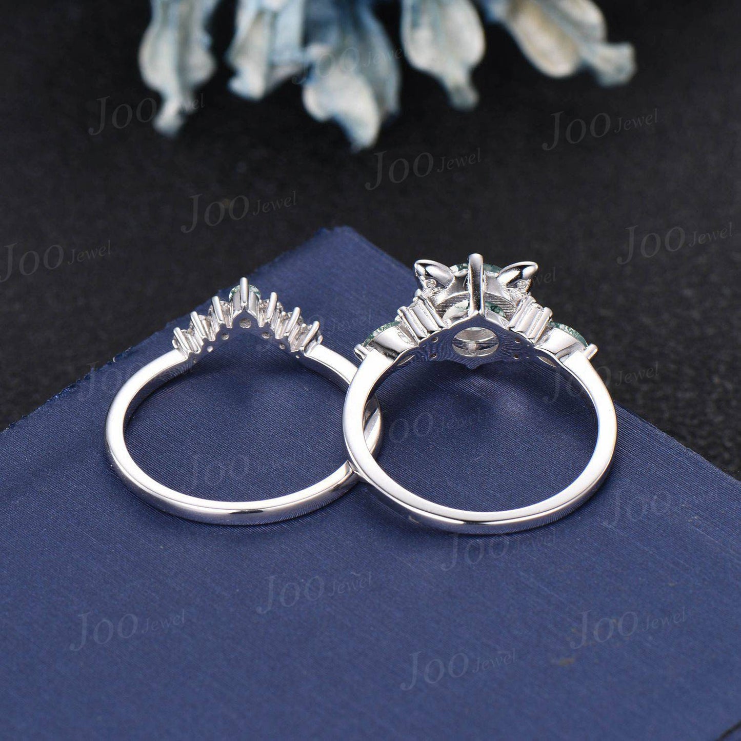 Cat Bridal Ring Set Vintage 1.2ct Round Cut Natural Green Moss Agate Emerald Cat Cut Promise Wedding Ring Peekaboo Kitten Animal Lover Gifts