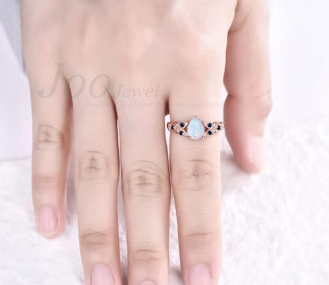Vintage Butterfly Opal Wedding Ring 1.25ct Pear Shaped White Opal Engagement Ring Sterling Silver Blue Sandstone Wedding Ring Gift For Women