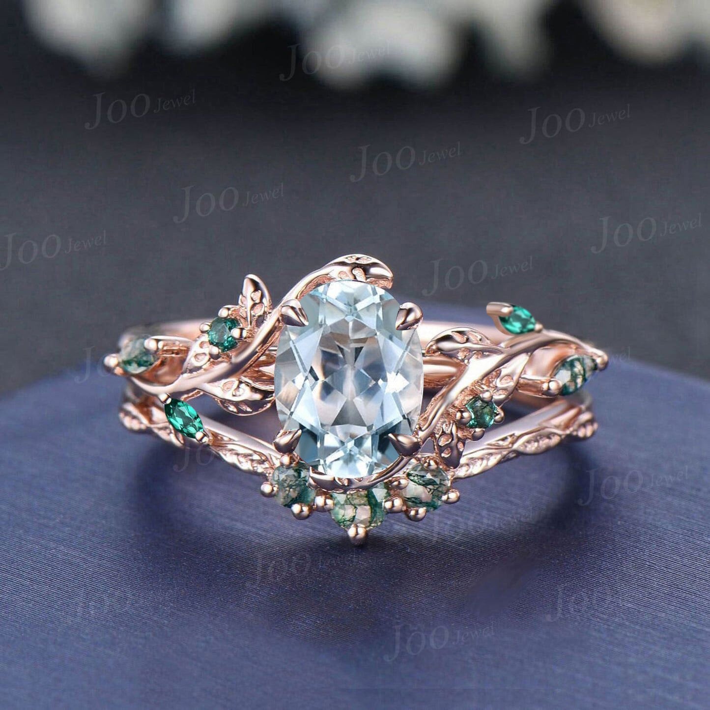 Natural Aquamarine Engagement Ring Set 14K Rose Gold Leaf Branch Nature Inspired Green Emerald Moss Agate Oval Wedding Ring for Women Gifts