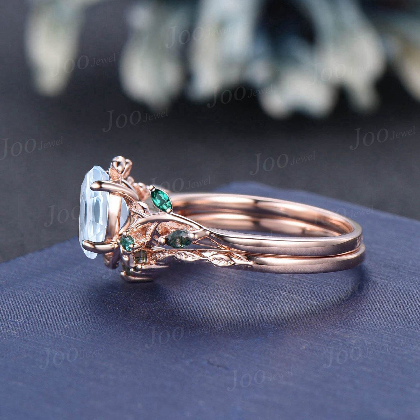 Natural Aquamarine Engagement Ring Set 14K Rose Gold Leaf Branch Nature Inspired Green Emerald Moss Agate Oval Wedding Ring for Women Gifts