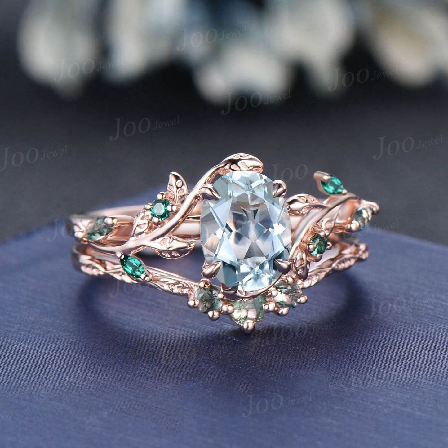 Natural Aquamarine Engagement Ring Set 14K Rose Gold Leaf Branch Nature Inspired Green Emerald Moss Agate Oval Wedding Ring for Women Gifts