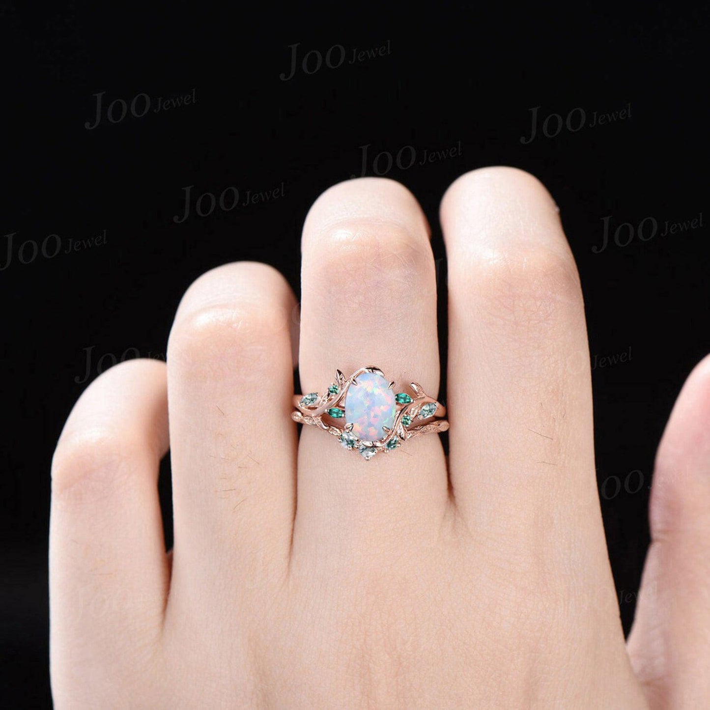 1.5ct Oval Cut White Opal Bridal Ring Set 10K Rose Gold Branch Engagement Ring Emerald Opal Wedding Ring Moss Agate Wedding Band for Women