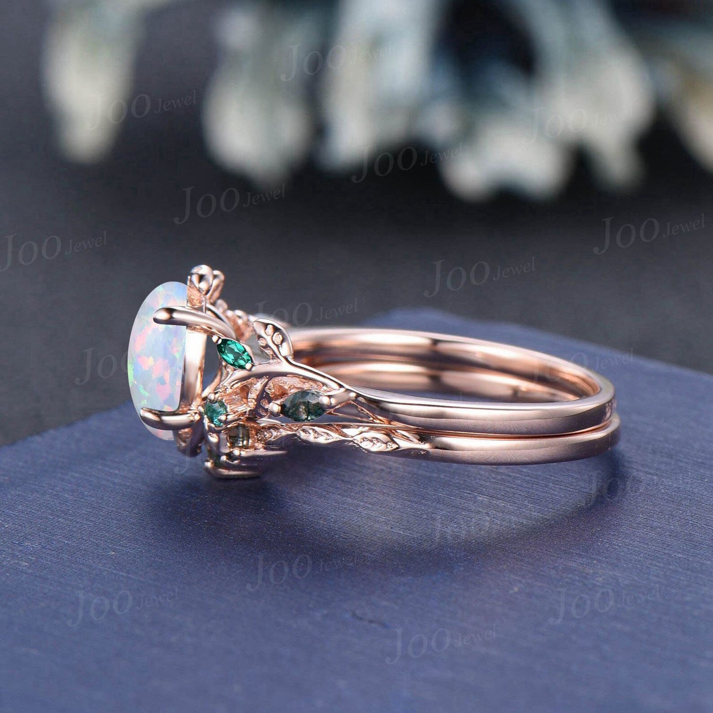 1.5ct Oval Cut White Opal Bridal Ring Set 10K Rose Gold Branch Engagement Ring Emerald Opal Wedding Ring Moss Agate Wedding Band for Women