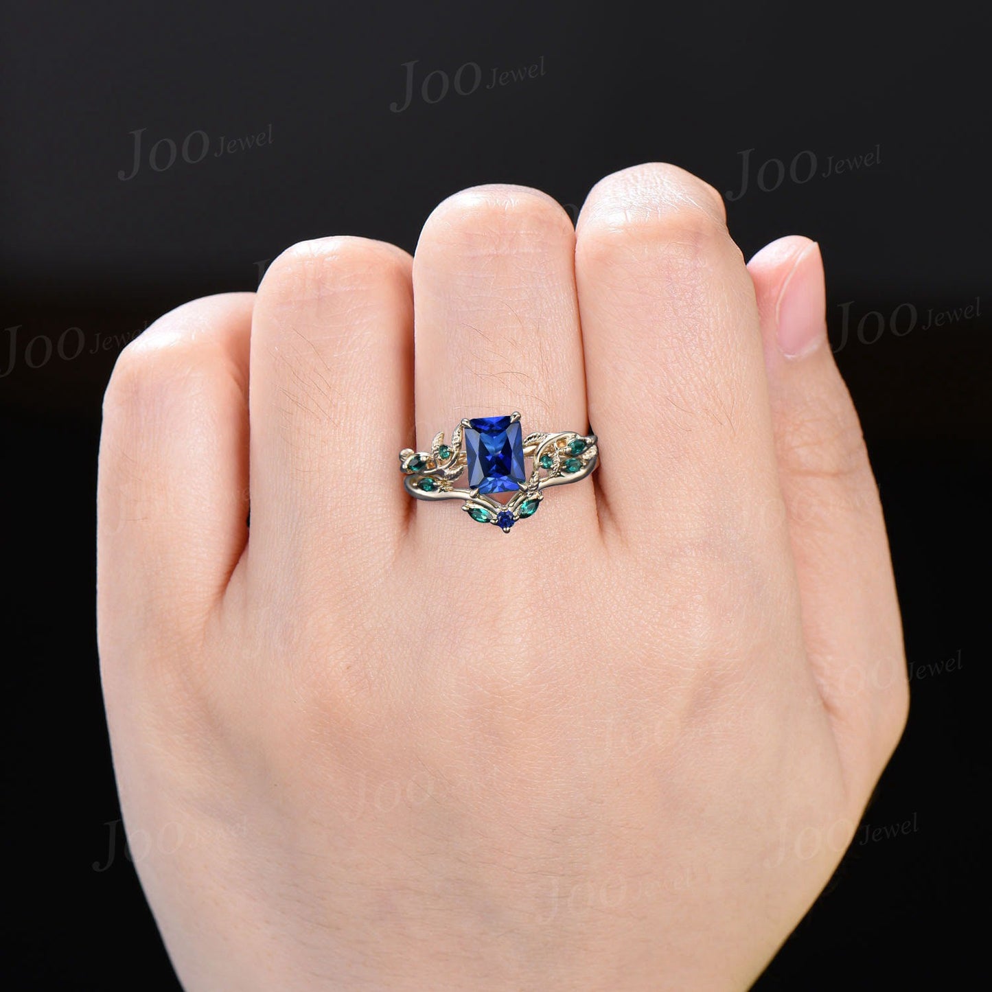 2ct Radiant Cut Blue Sapphire Bridal Ring Twig Vine Emerald Cut Blue Sapphire Emerald Promise Ring Vintage Noble Wedding Gifts for Fianc¨¦e