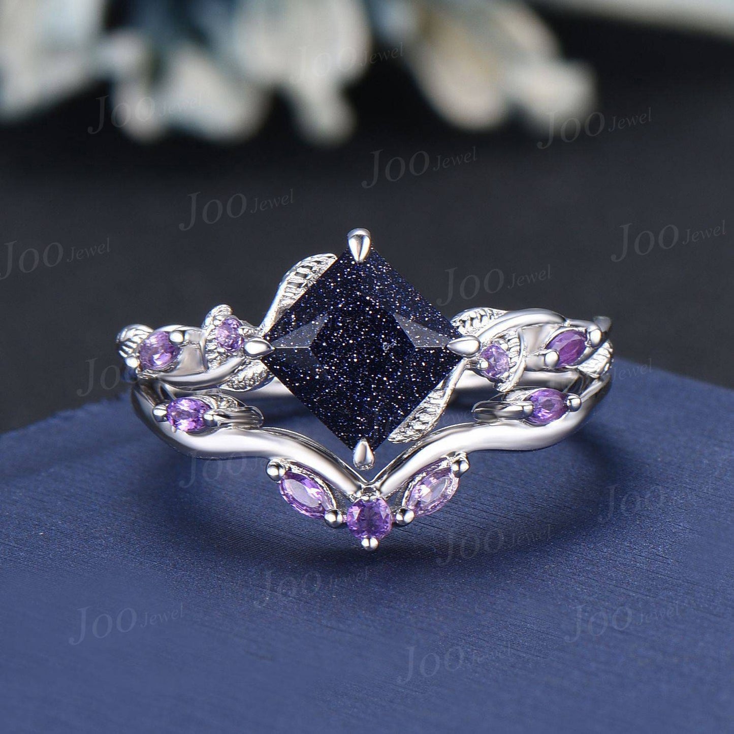 Princess Cut Blue Goldstone Ring Set Nature Inspired Galaxy Blue Sandstone Amethyst Bridal Set Unique Twig Vine Black Gold Wedding Ring Set