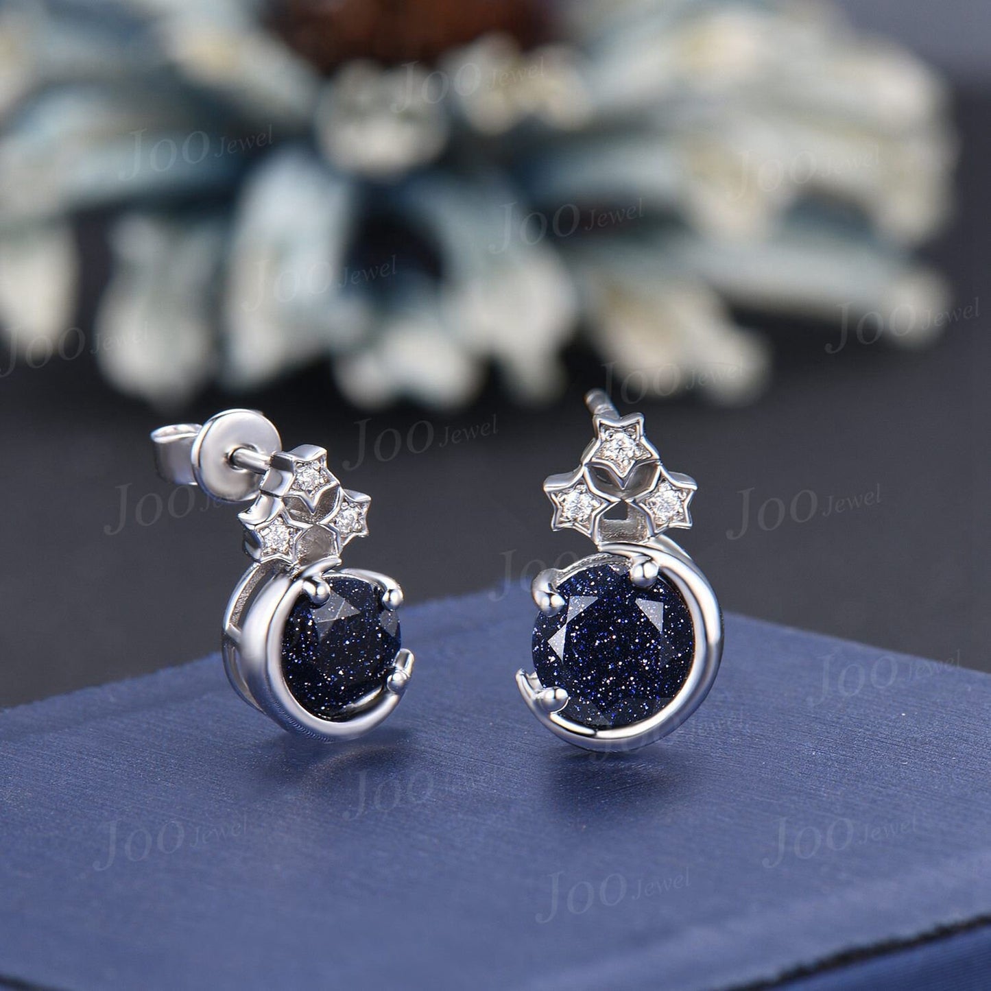 Sterling Silver Moon Star Stud Earrings Round Galaxy Blue Sandstone Earrings Vintage Blue Gemstone Earrings Unique Anniversary/Birthday Gift