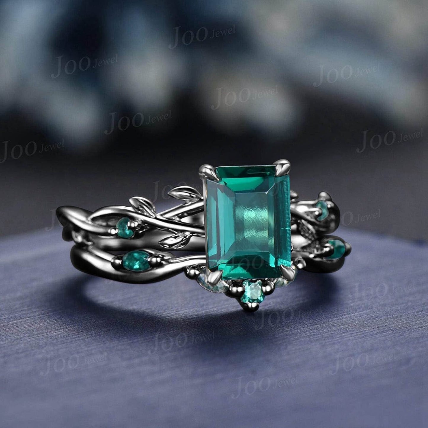 2ct Twig Vine Emerald Cut Emerald Moss Agate Wedding Ring Set Silver Green Emerald Engagement Ring Set Vintage May Birthstone Gift For Women